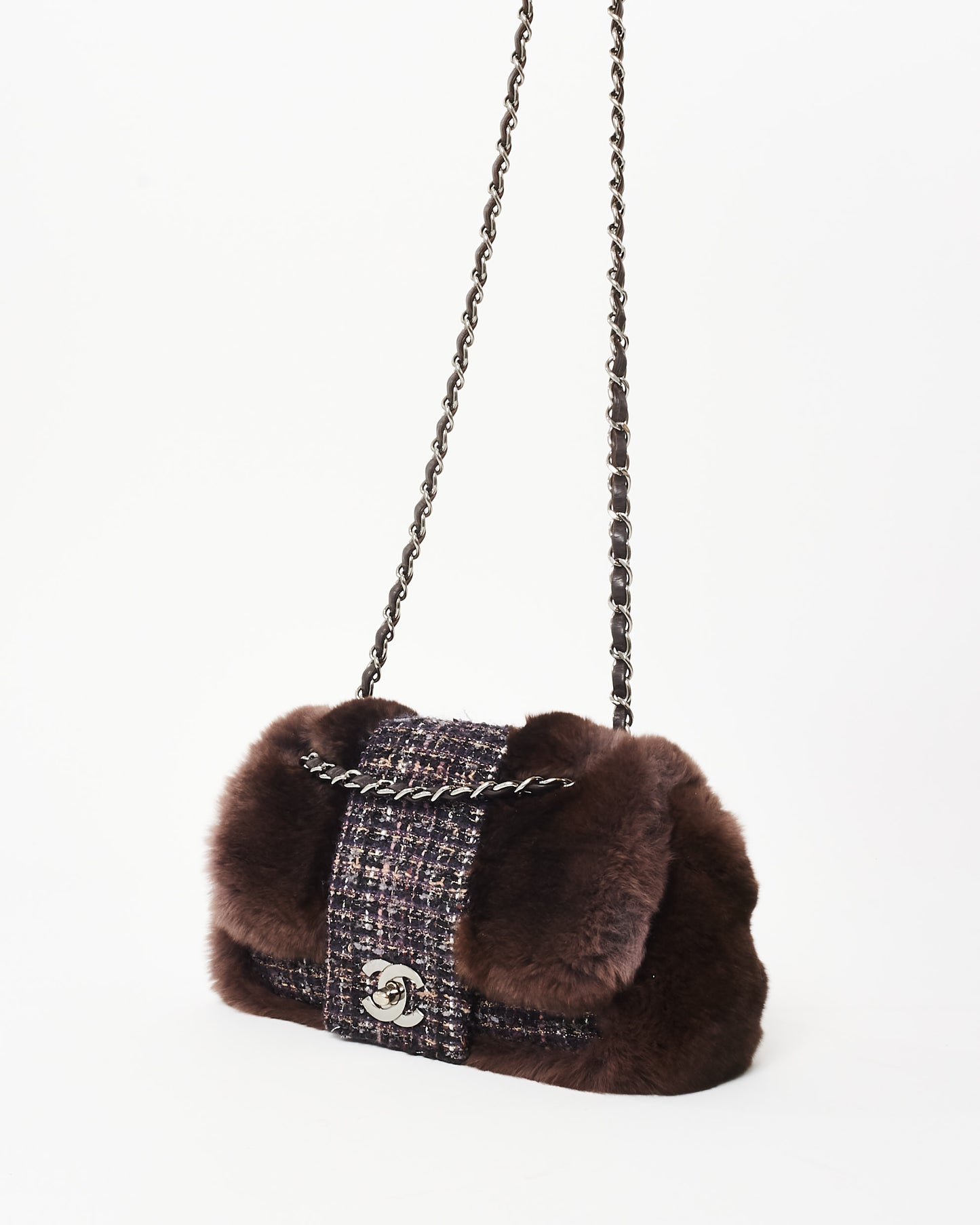 Chanel Brown Chinchilla Fur & Navy Multi Tweed Flap Bag SHW
