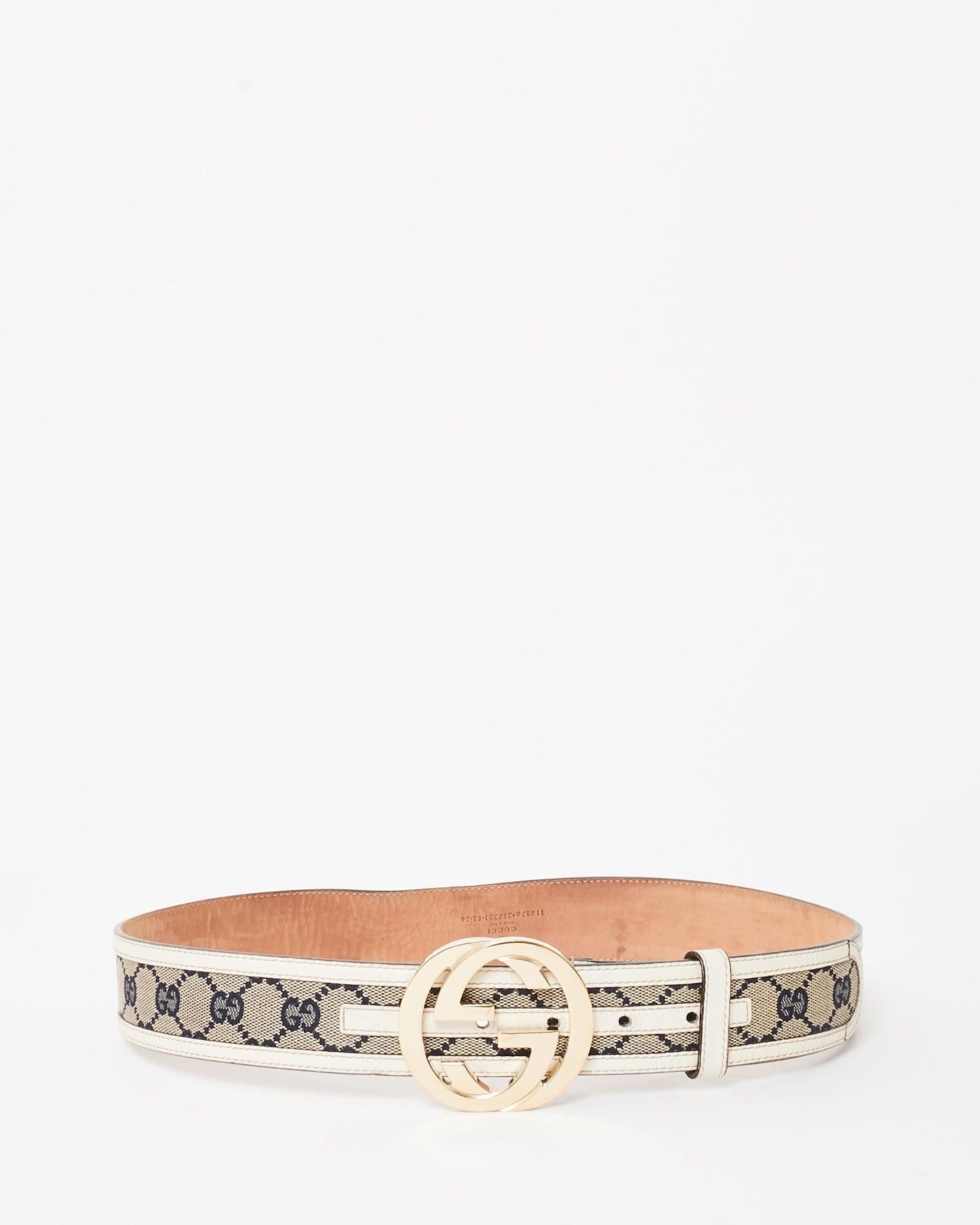Gucci White Leather Beige & Navy GG Monogram Canvas Gold Interlocking GG Belt - 85/34