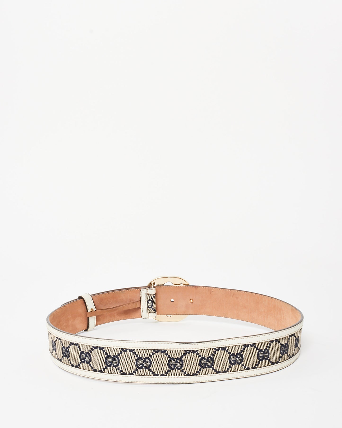 Gucci White Leather Beige & Navy GG Monogram Canvas Gold Interlocking GG Belt - 85/34
