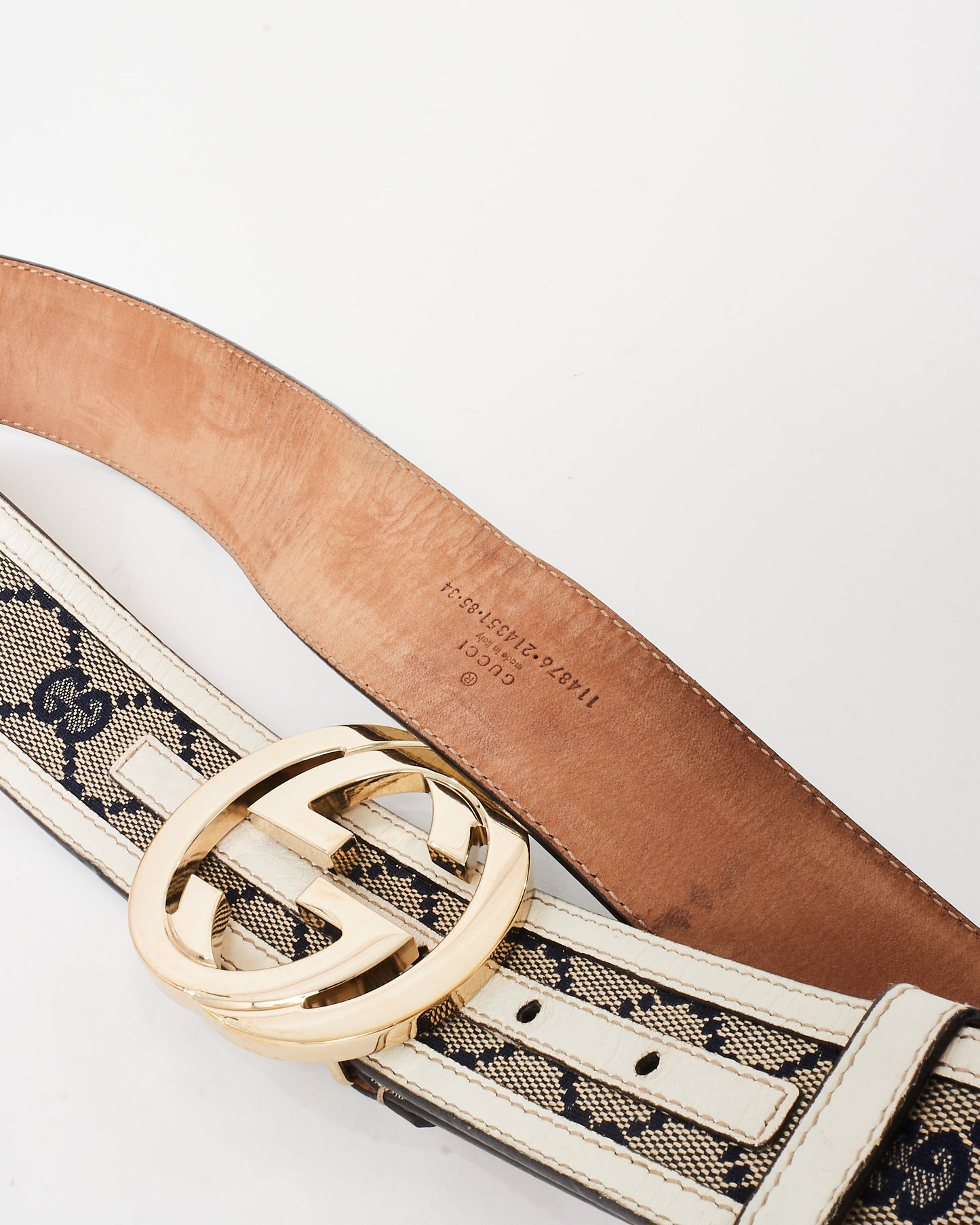 Gucci White Leather Beige & Navy GG Monogram Canvas Gold Interlocking GG Belt - 85/34