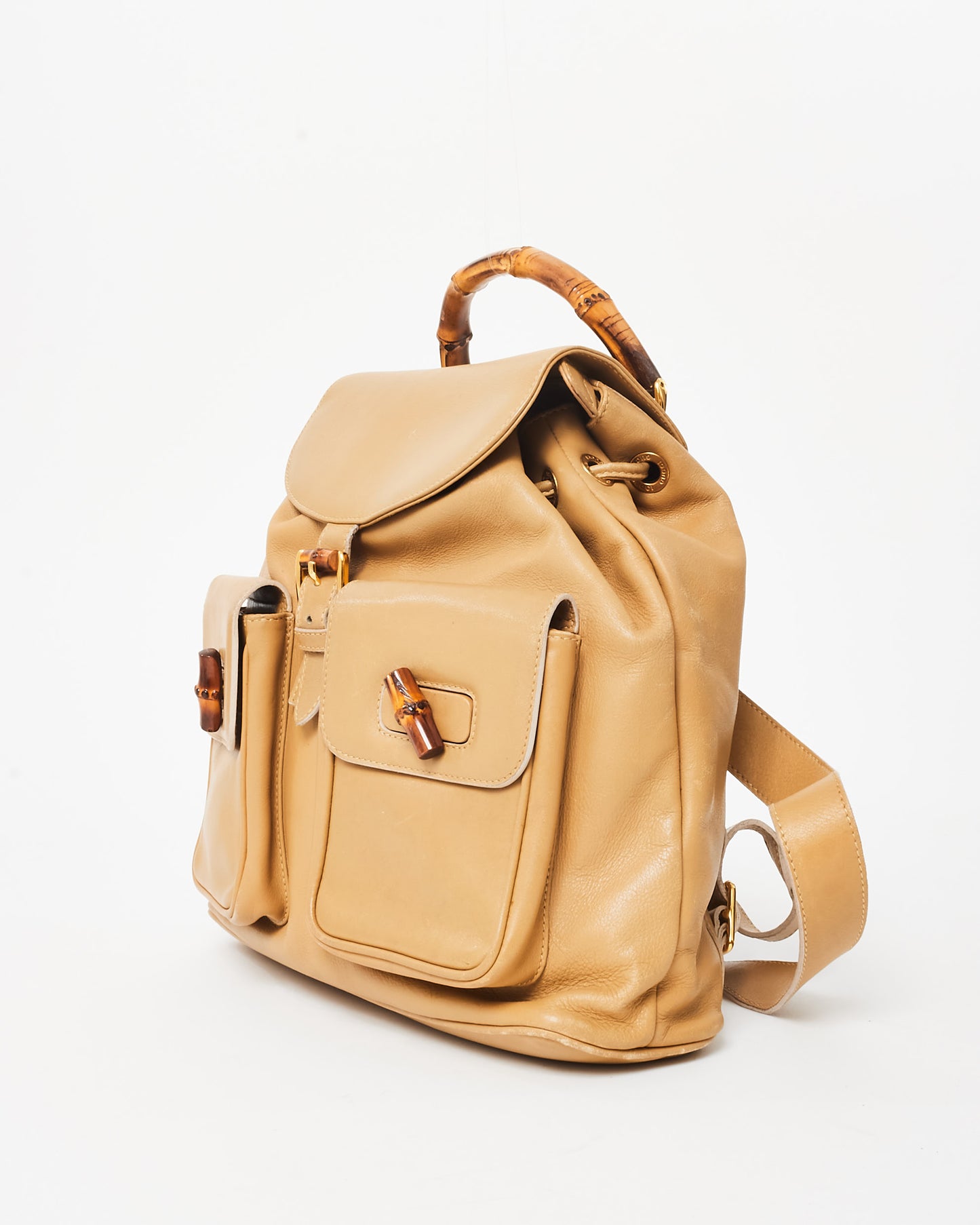 Gucci Vintage Beige Leather Bamboo Backpack