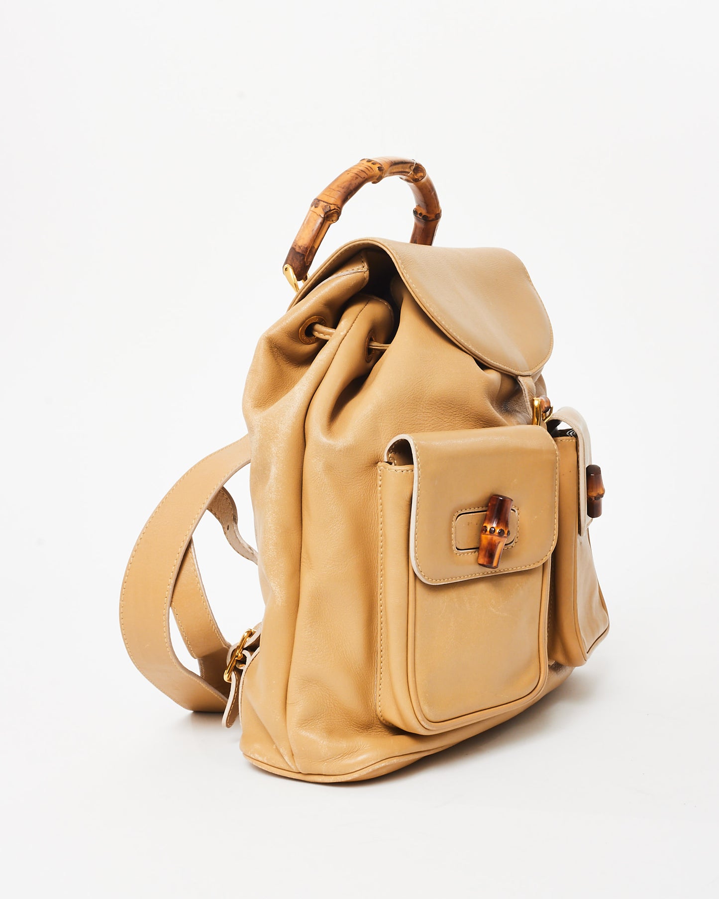Gucci Vintage Beige Leather Bamboo Backpack