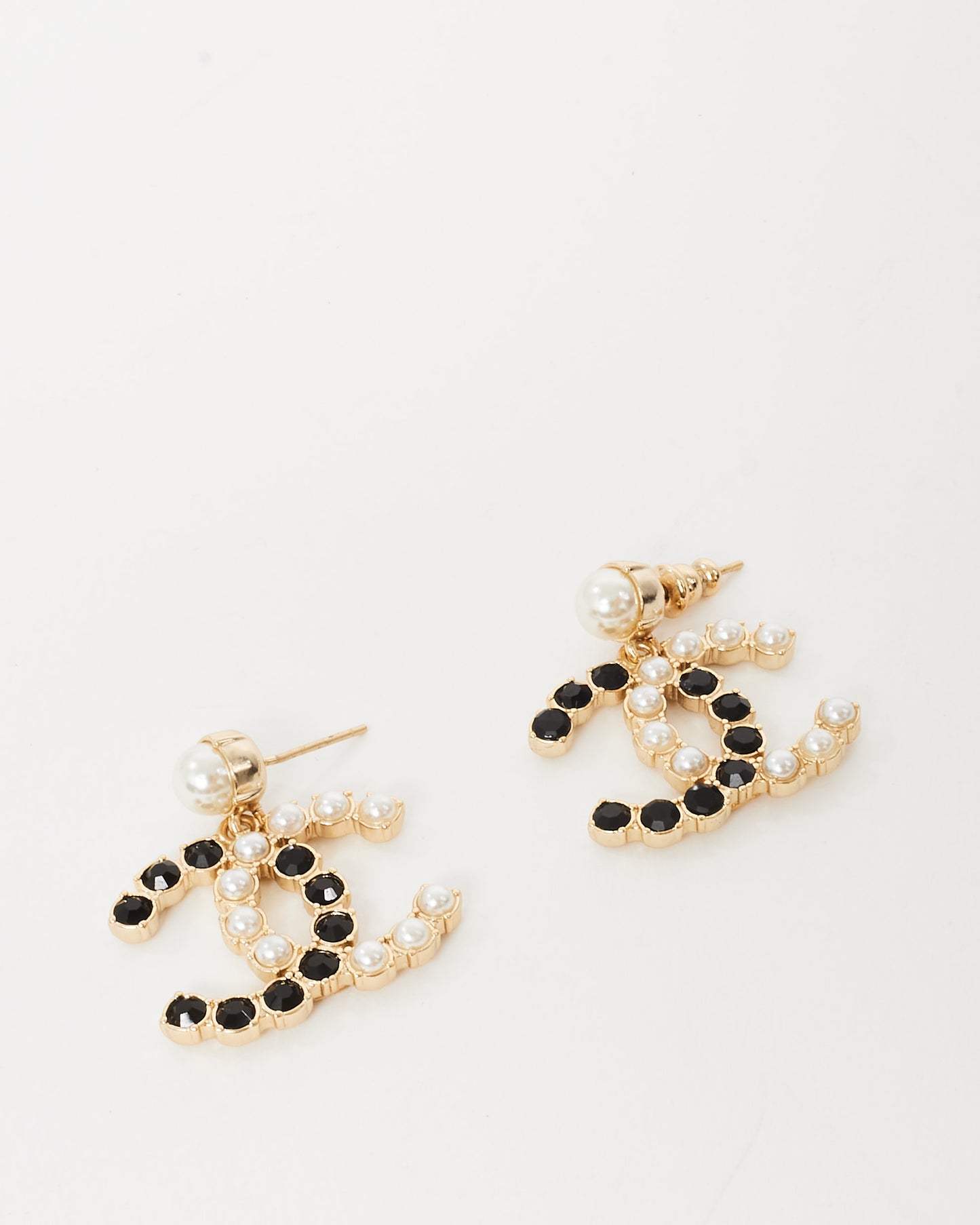 Chanel Gold Tone Black and White Pearl Logo Large 20A Stud Earrings