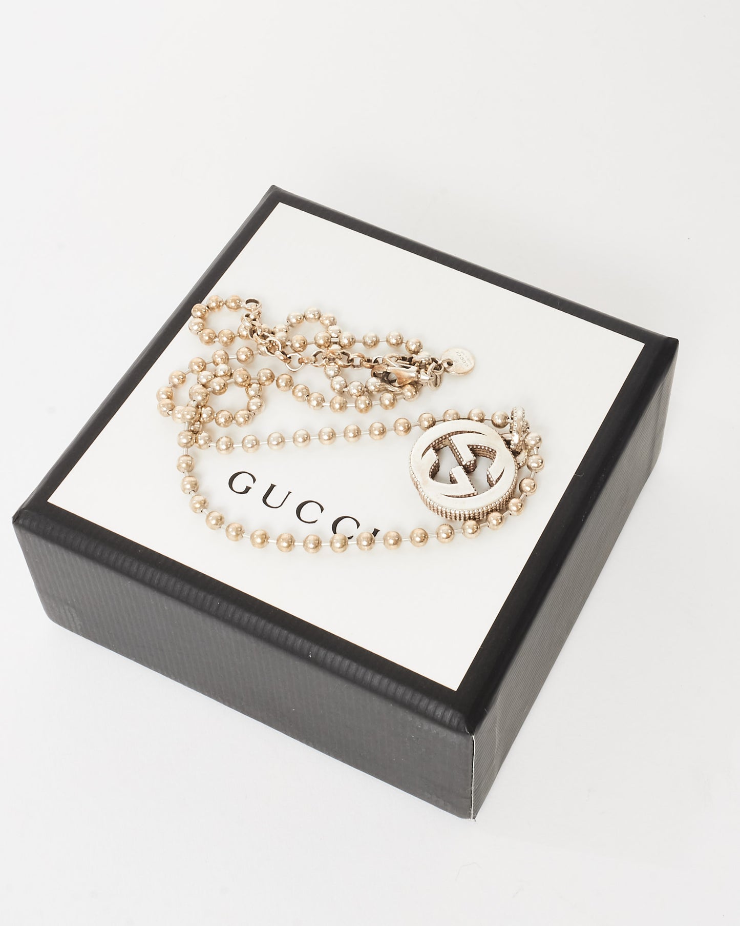 Gucci Silver Ball Chain Interlocking GG Logo Necklace