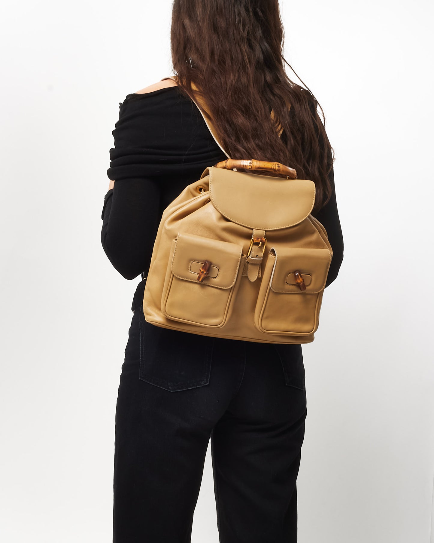 Gucci Vintage Beige Leather Bamboo Backpack