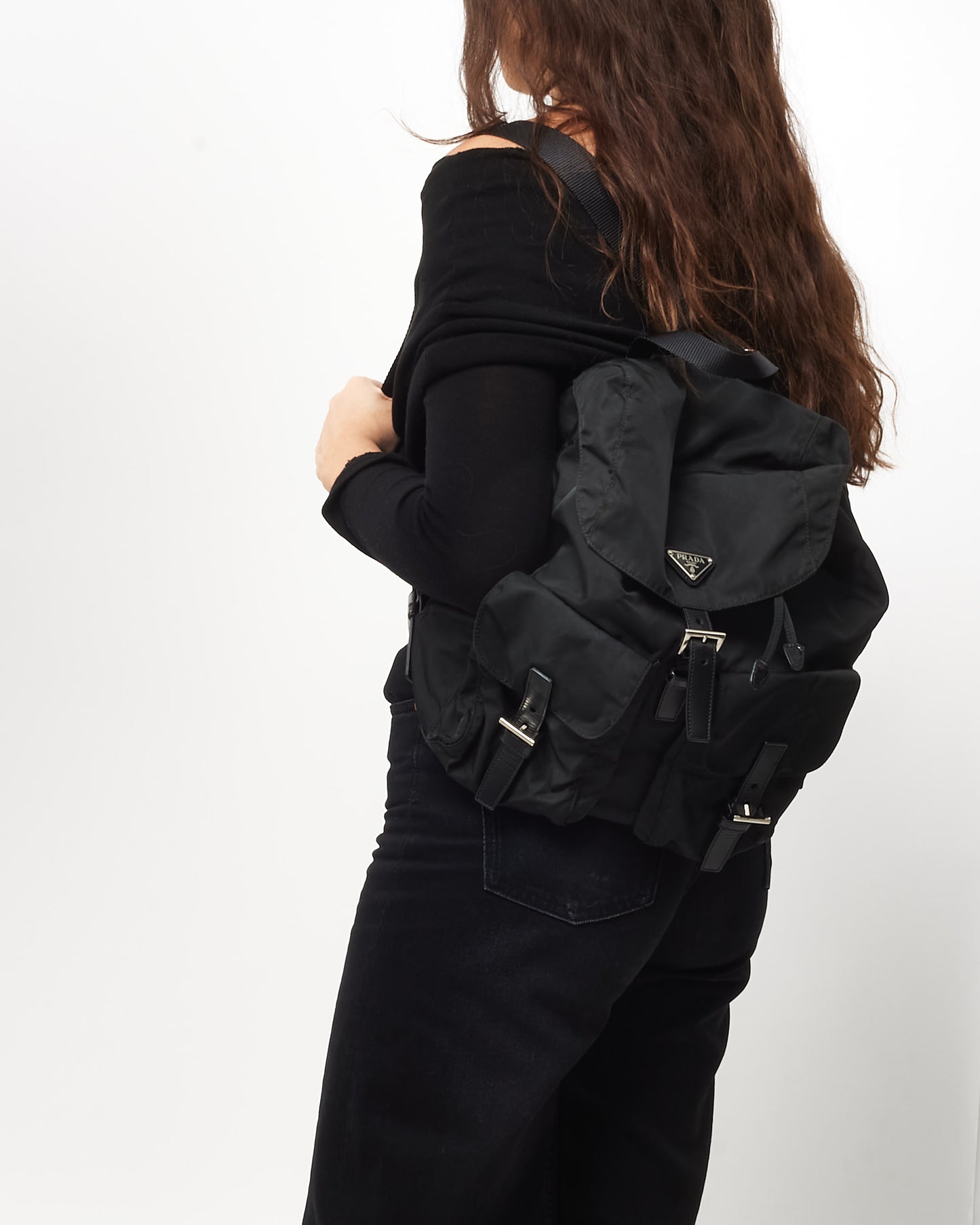 Prada Black Nylon Double Pocket Medium Backpack