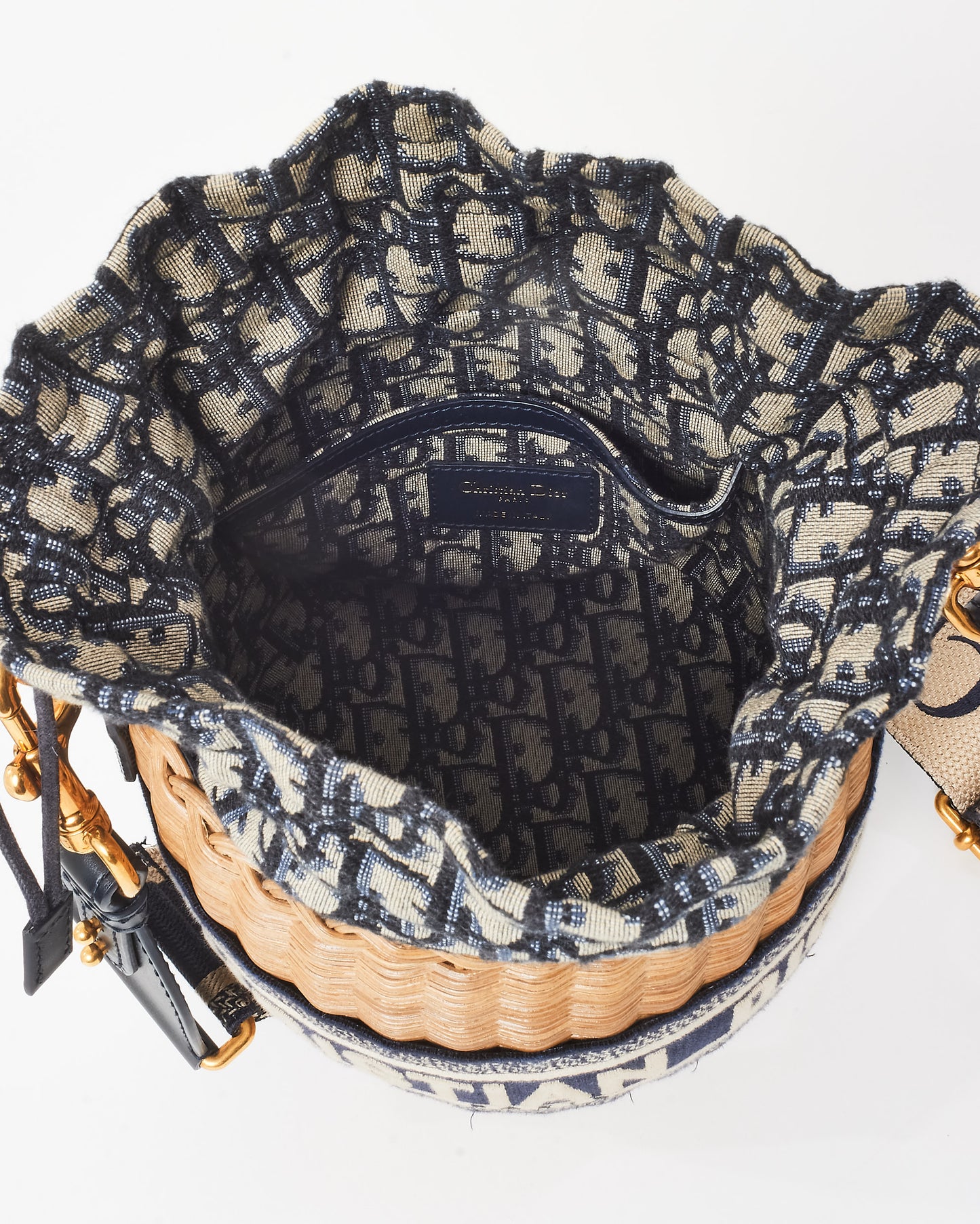 Dior Navy Oblique Logo Canvas Drawstring Wicker Bucket Bag