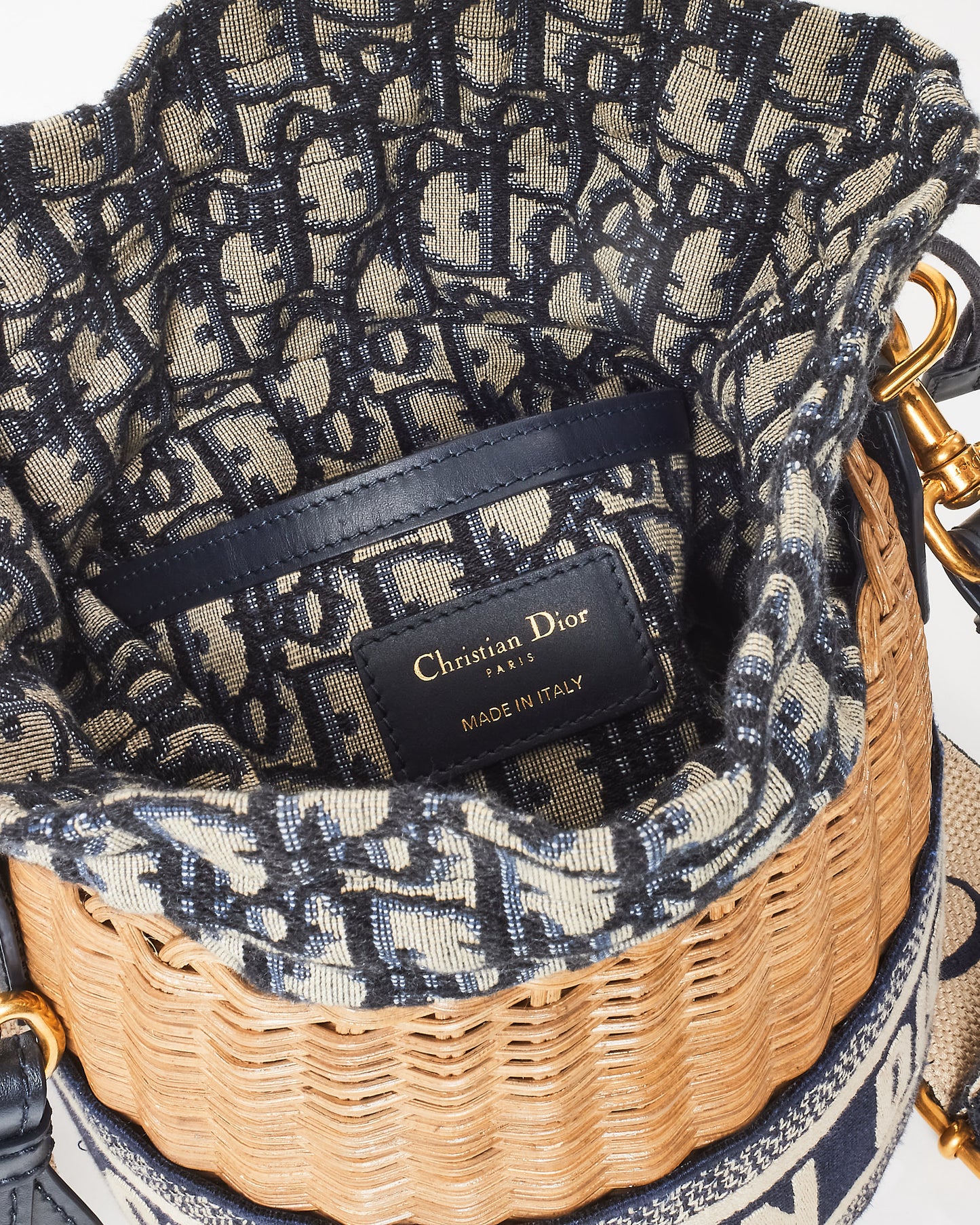 Dior Navy Oblique Logo Canvas Drawstring Wicker Bucket Bag