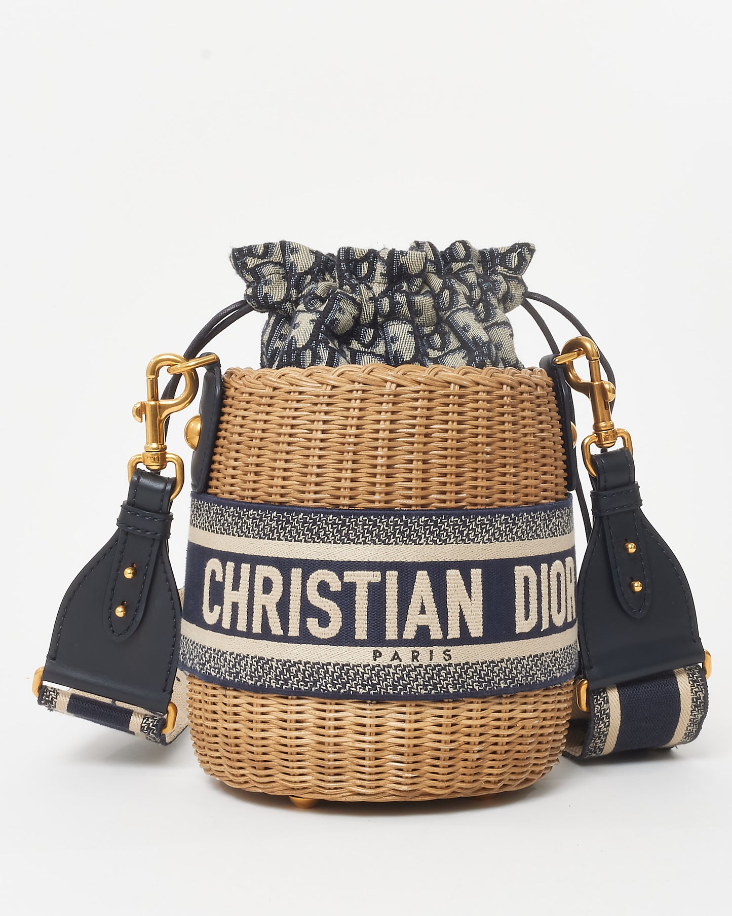 Dior Navy Oblique Logo Canvas Drawstring Wicker Bucket Bag