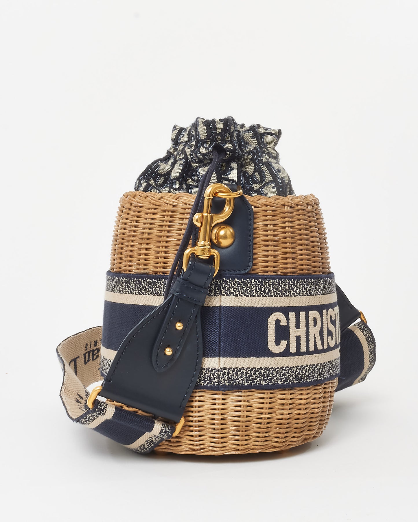 Dior Navy Oblique Logo Canvas Drawstring Wicker Bucket Bag
