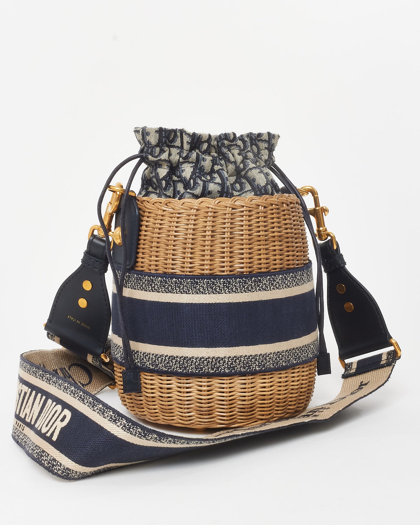 Dior Navy Oblique Logo Canvas Drawstring Wicker Bucket Bag