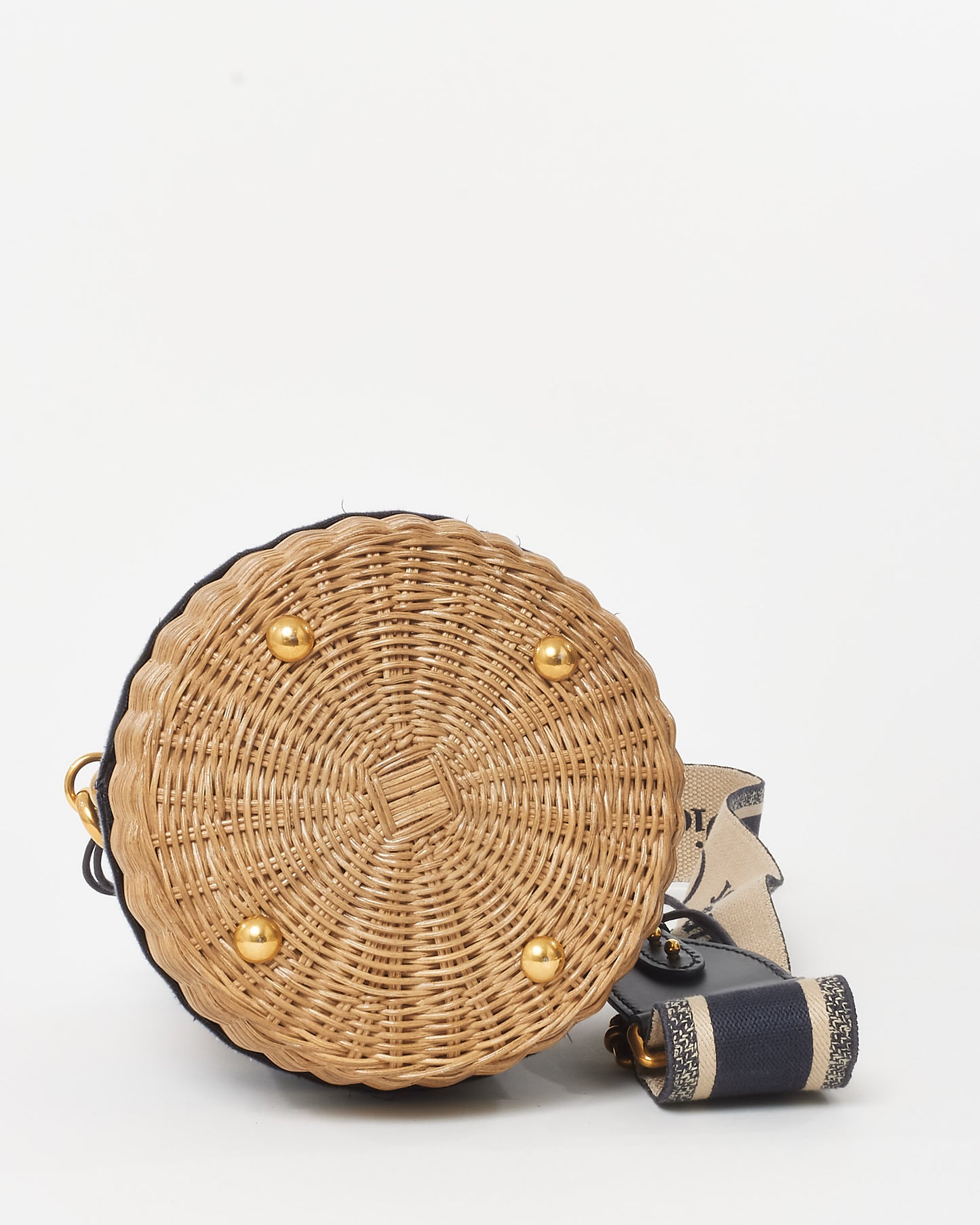 Dior Navy Oblique Logo Canvas Drawstring Wicker Bucket Bag