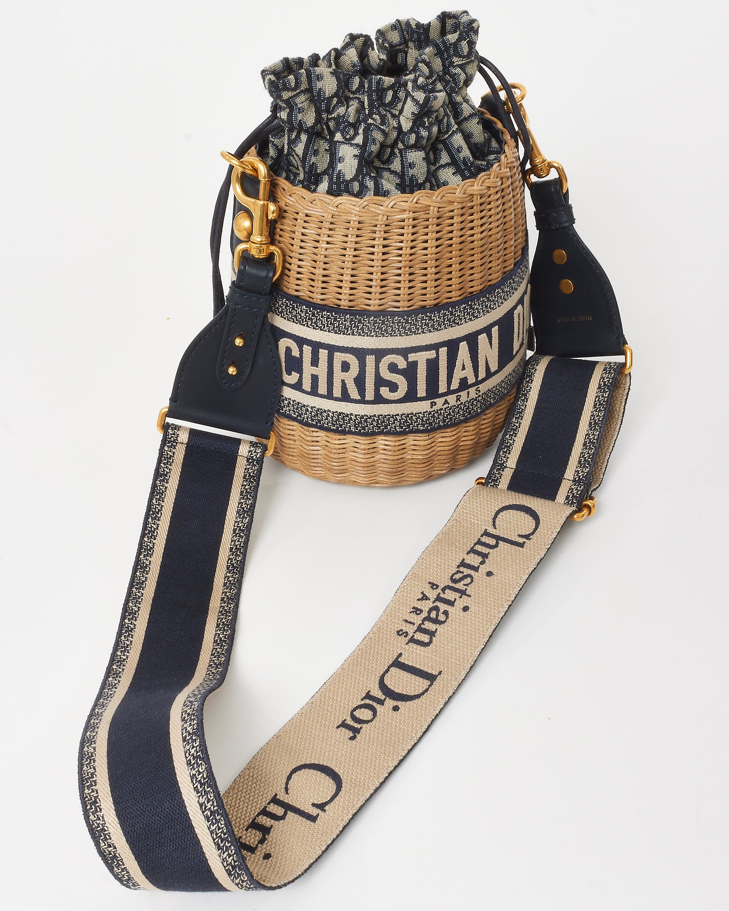 Dior Navy Oblique Logo Canvas Drawstring Wicker Bucket Bag