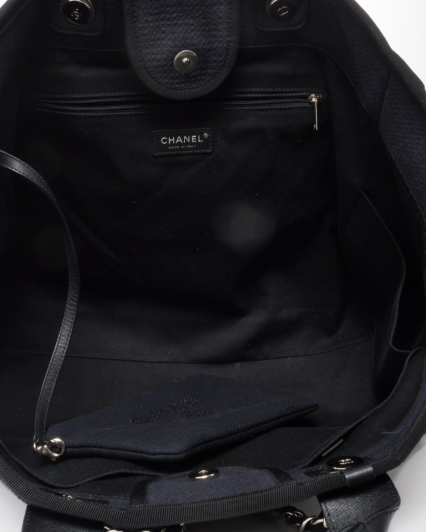Chanel Navy Mixed Fibers Medium Chanel Logo Deauville Tote