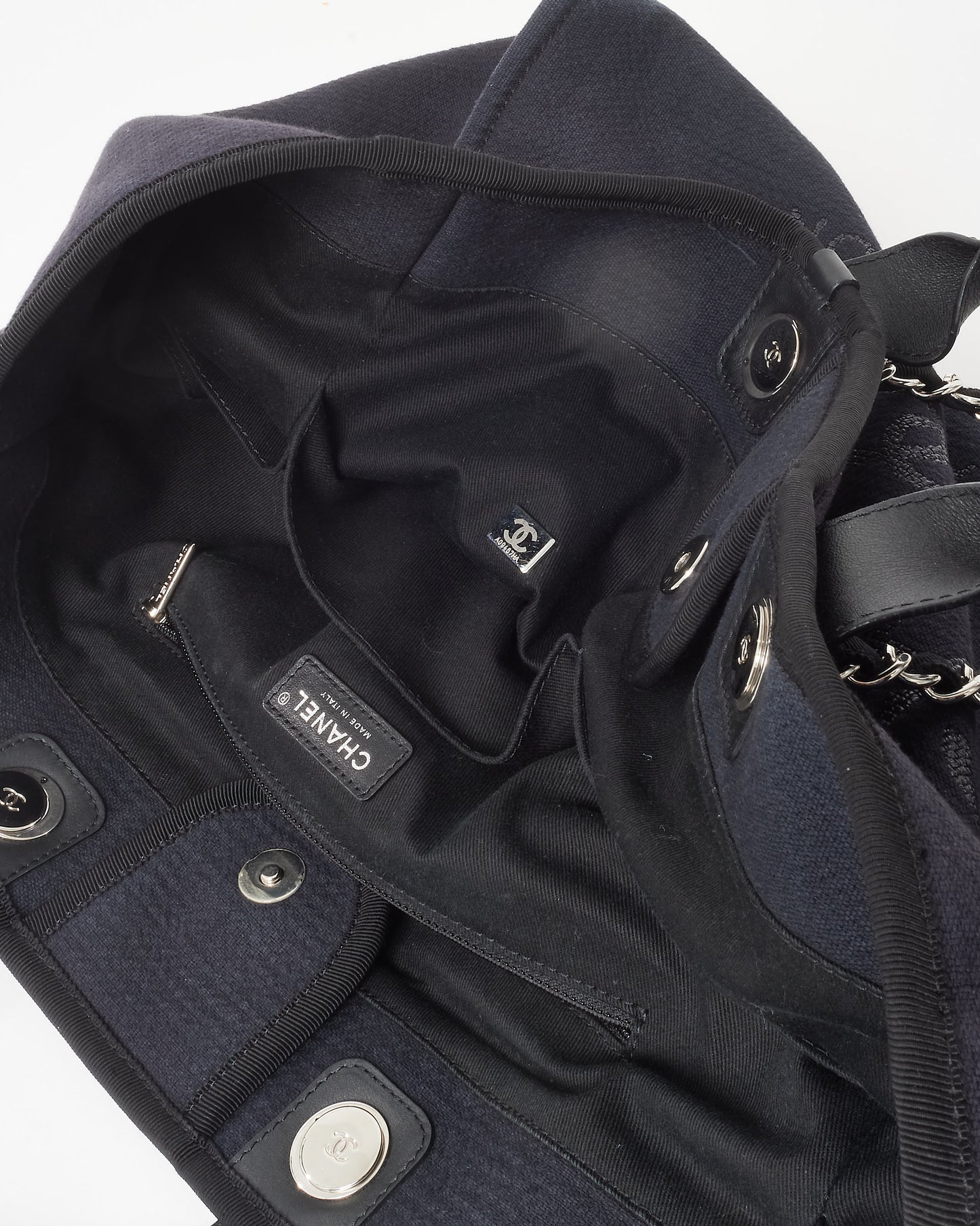 Chanel Navy Mixed Fibers Medium Chanel Logo Deauville Tote