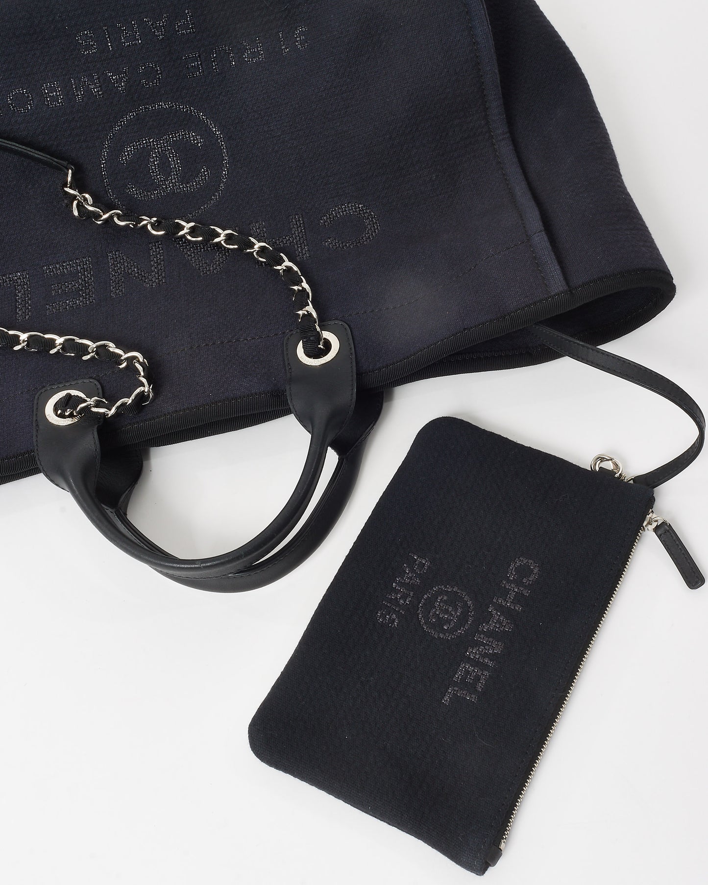 Chanel Navy Mixed Fibers Medium Chanel Logo Deauville Tote