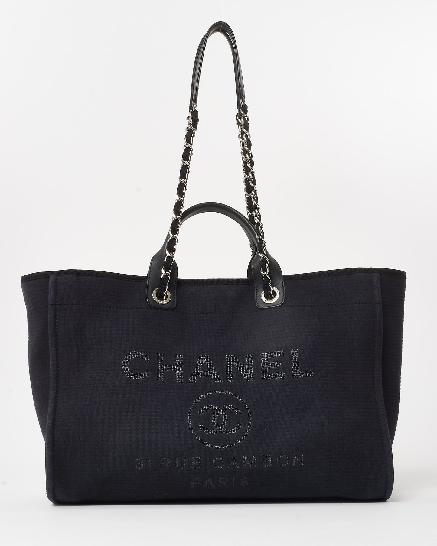 Chanel Navy Mixed Fibers Medium Chanel Logo Deauville Tote