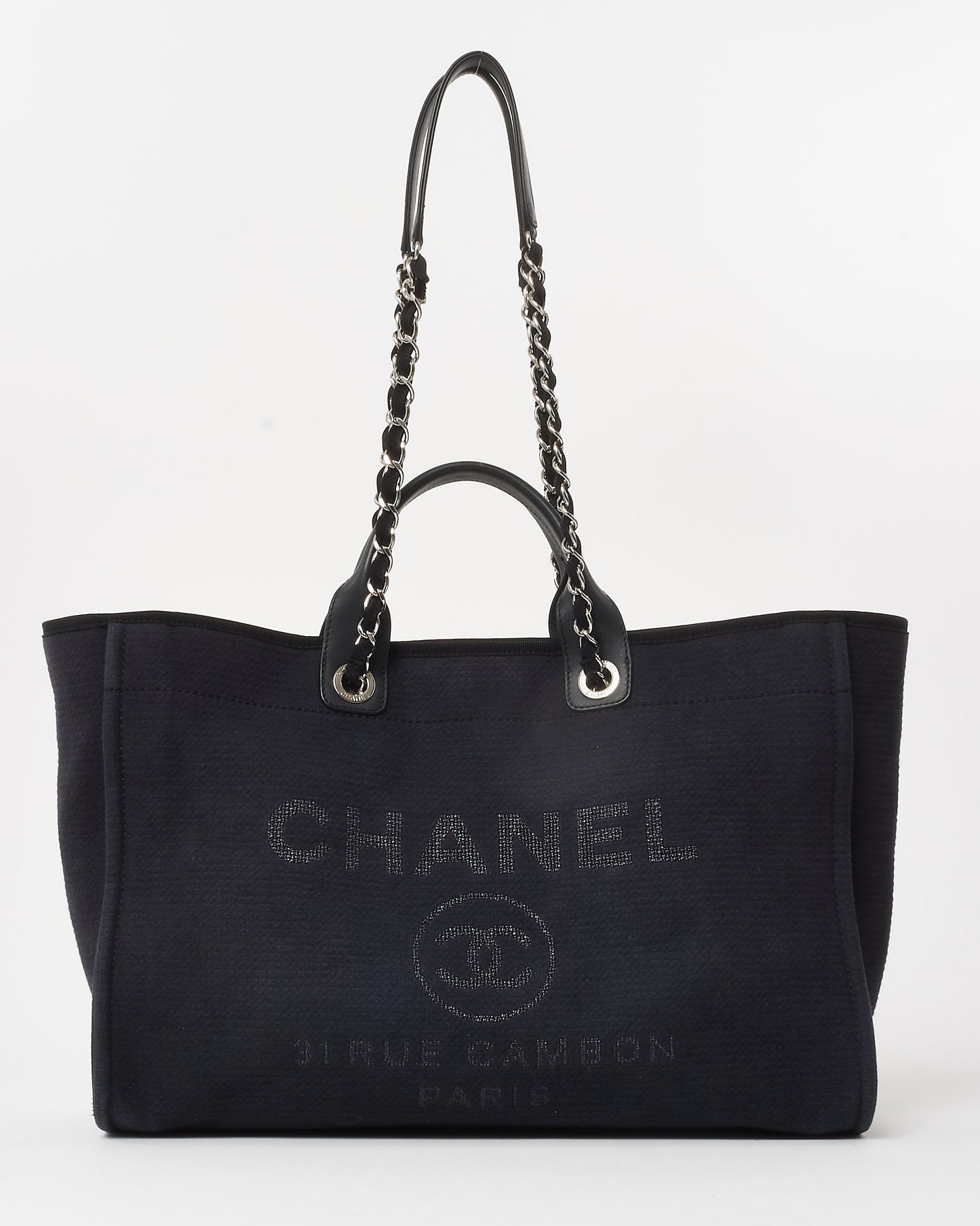 Chanel Navy Mixed Fibers Medium Chanel Logo Deauville Tote