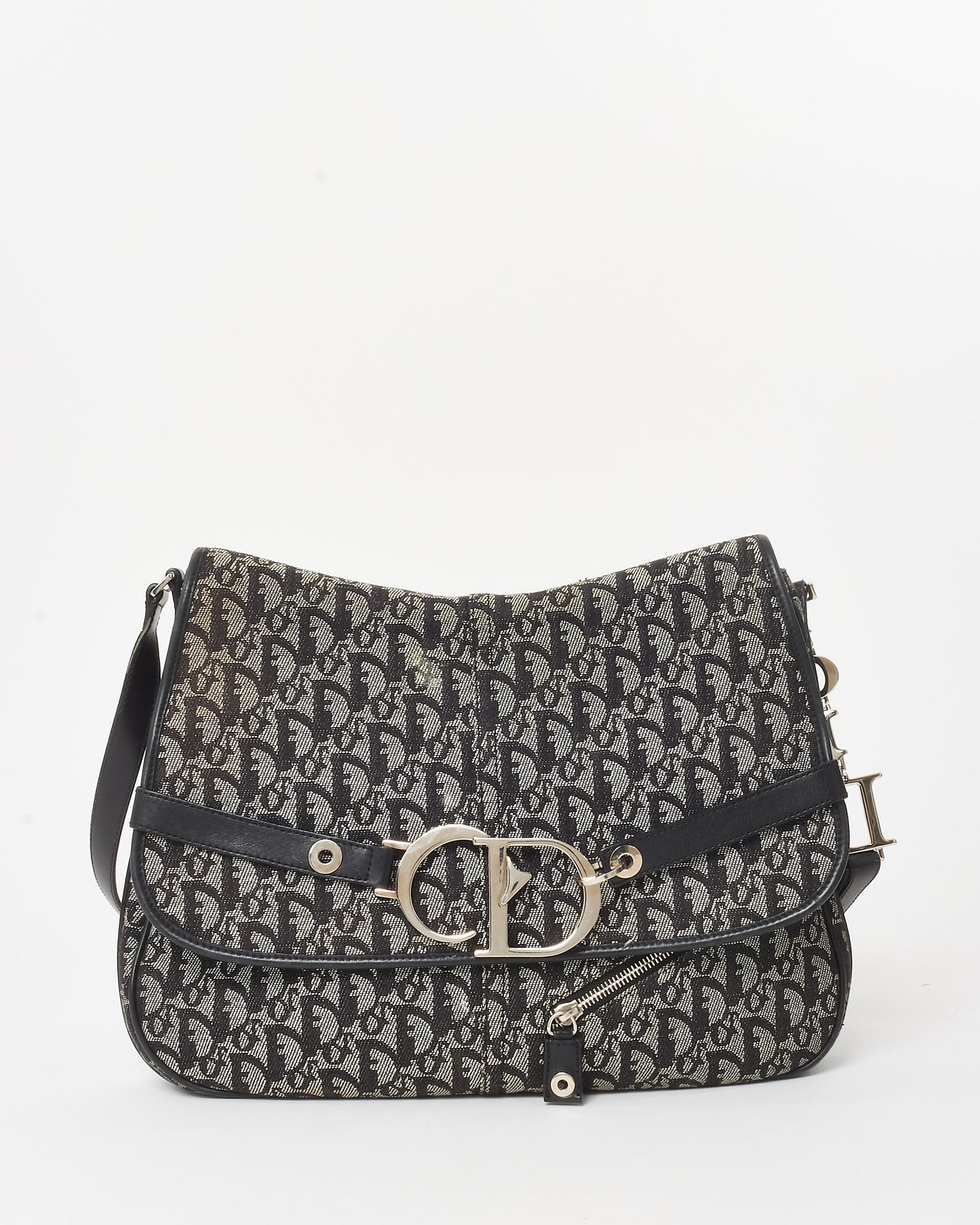 Dior Vintage Navy Blue Oblique Monogram Canvas CD Flap Large Messenger Bag