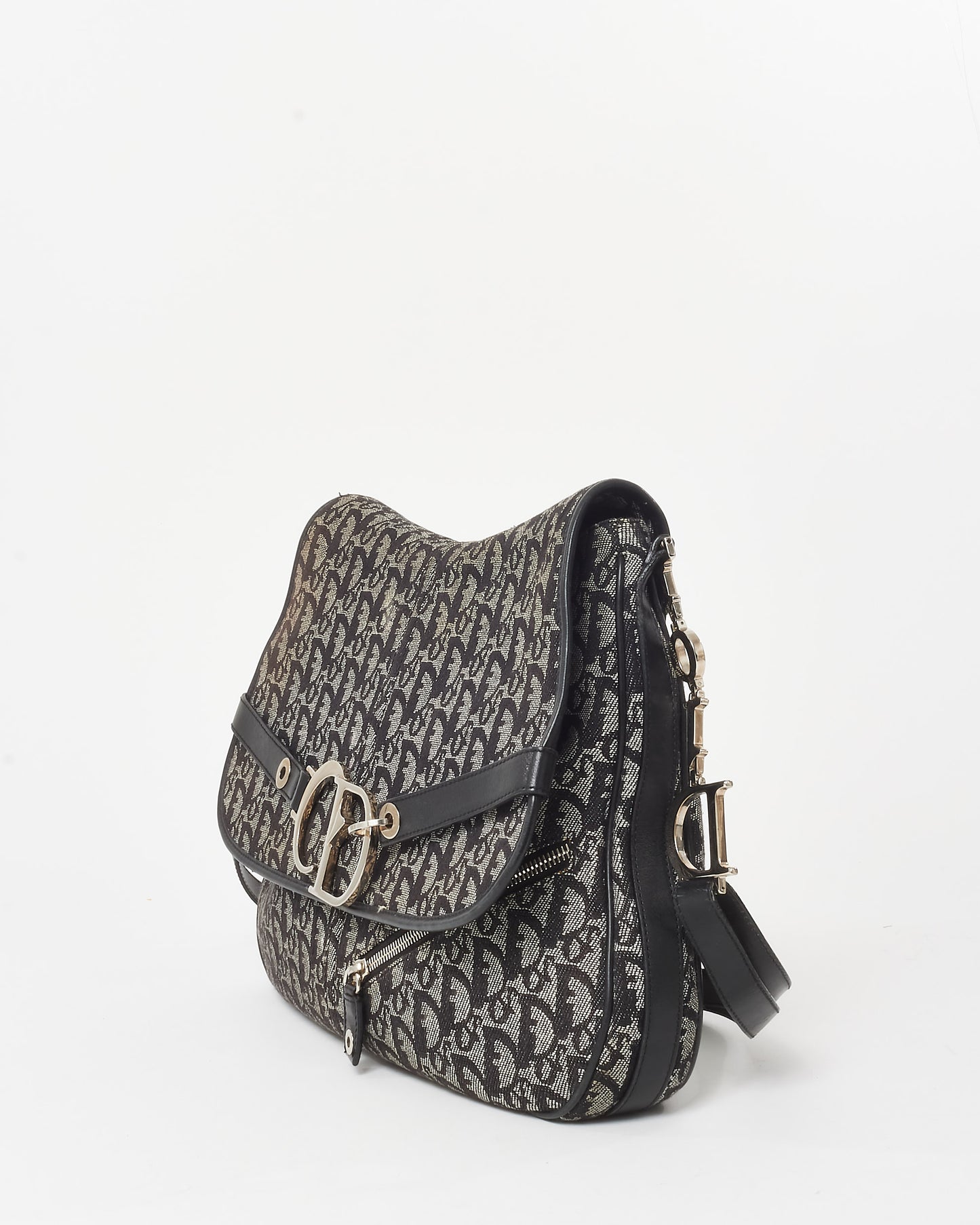 Dior Vintage Navy Blue Oblique Monogram Canvas CD Flap Large Messenger Bag