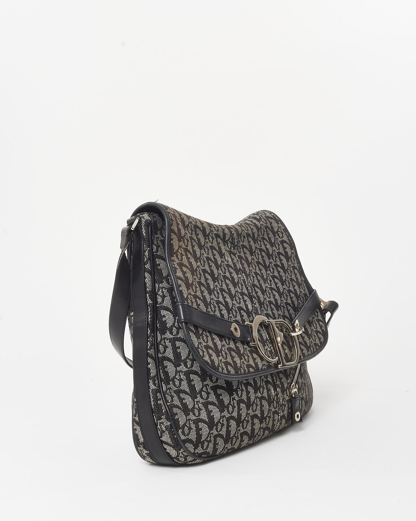 Dior Vintage Navy Blue Oblique Monogram Canvas CD Flap Large Messenger Bag