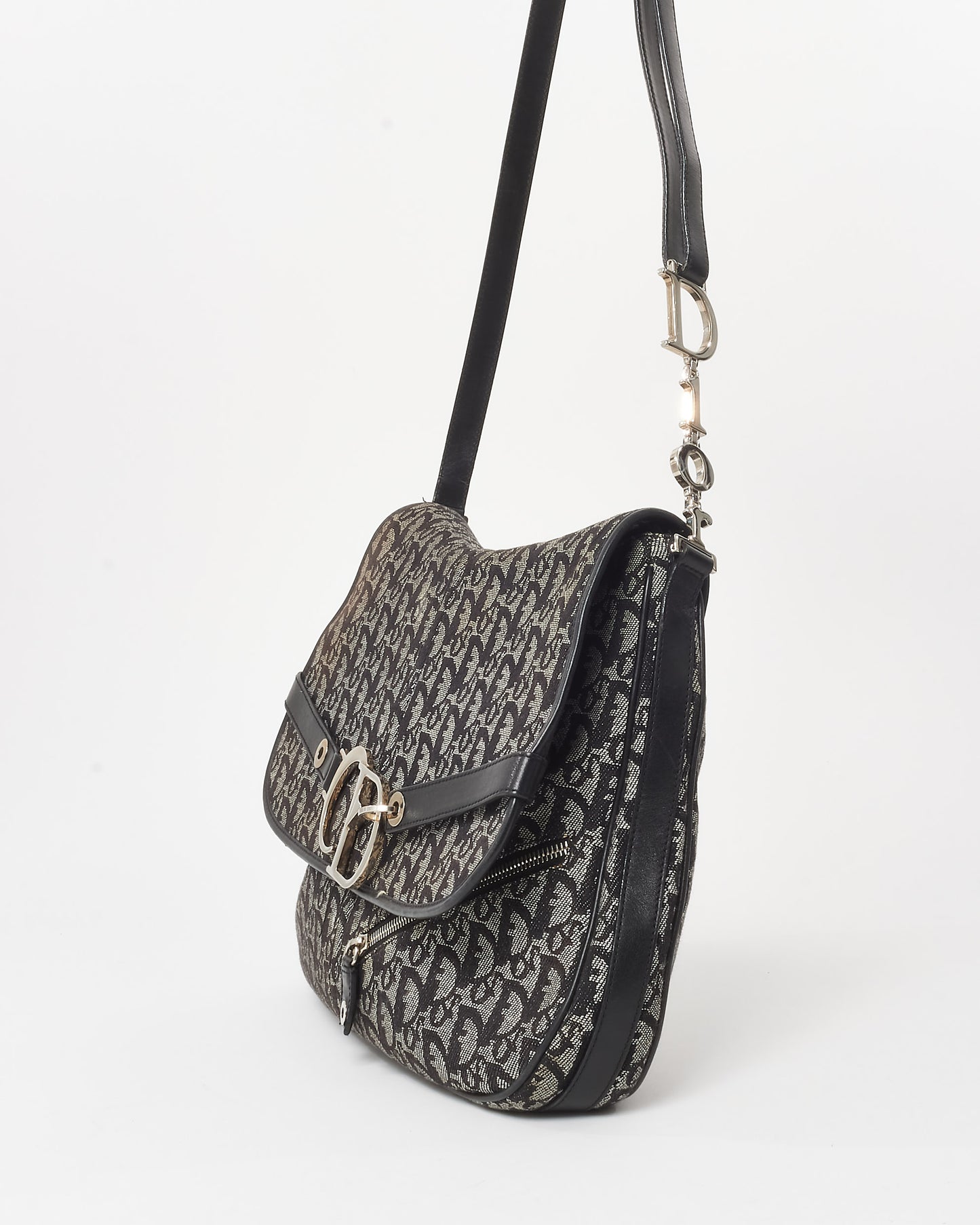 Dior Vintage Navy Blue Oblique Monogram Canvas CD Flap Large Messenger Bag