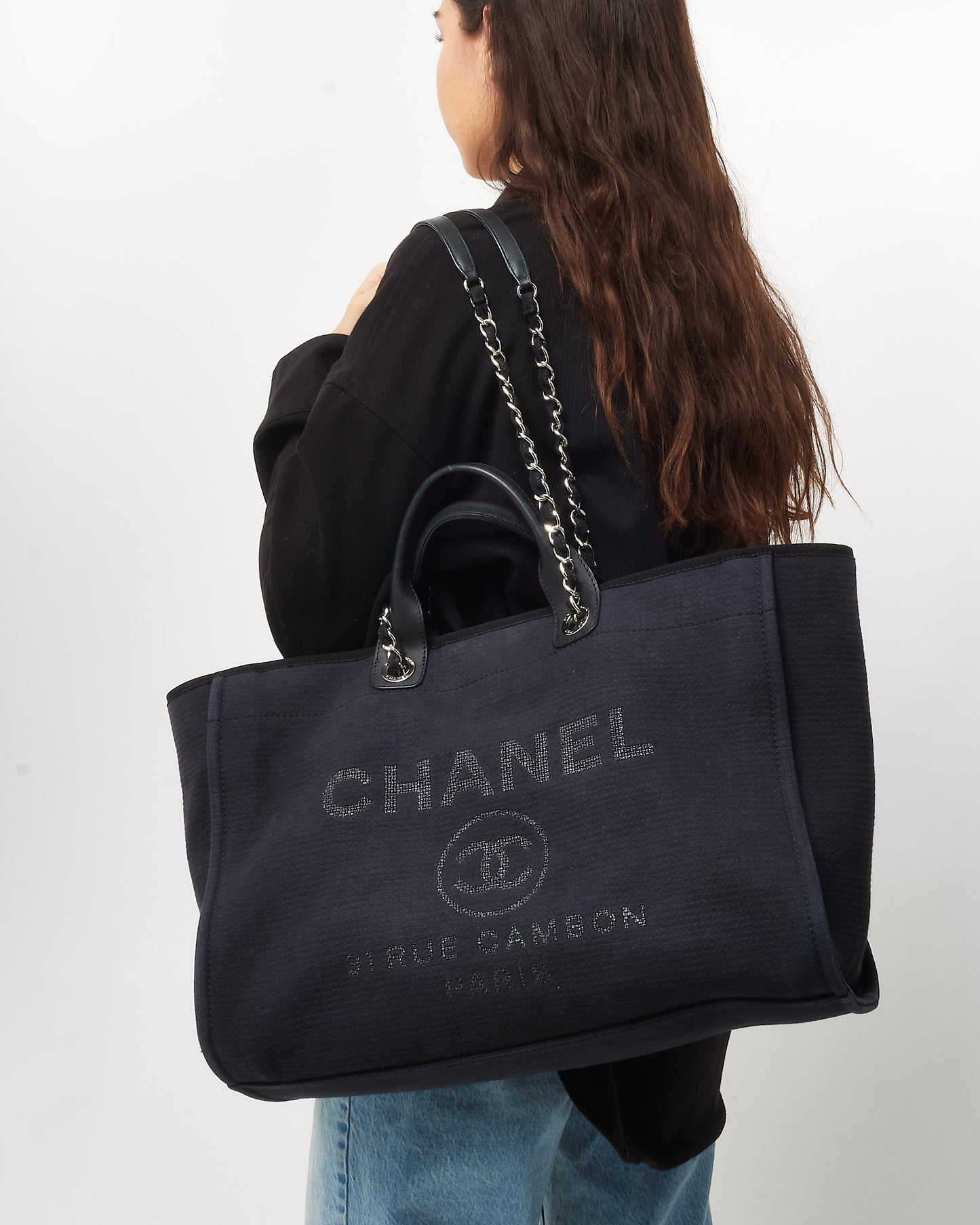 Chanel Navy Mixed Fibers Medium Chanel Logo Deauville Tote