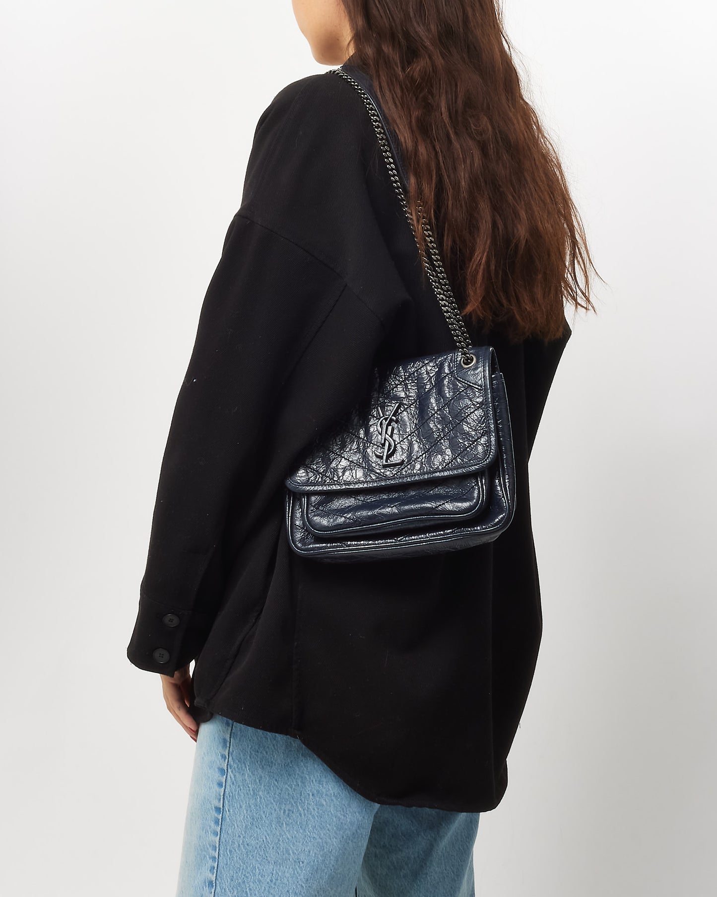Saint Laurent Navy Crinkled Leather Baby Niki Shoulder Bag