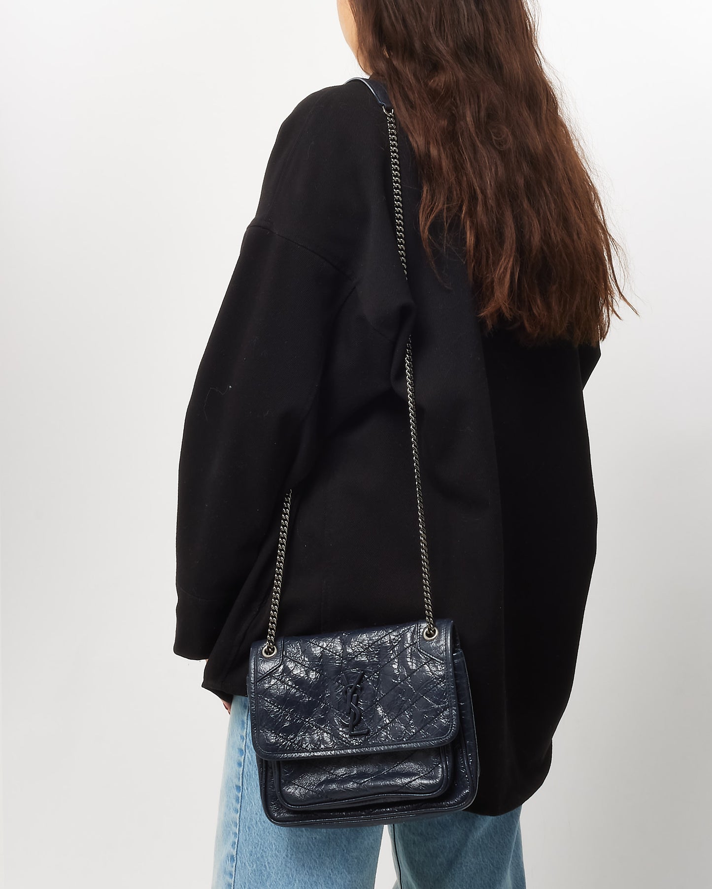 Saint Laurent Navy Crinkled Leather Baby Niki Shoulder Bag