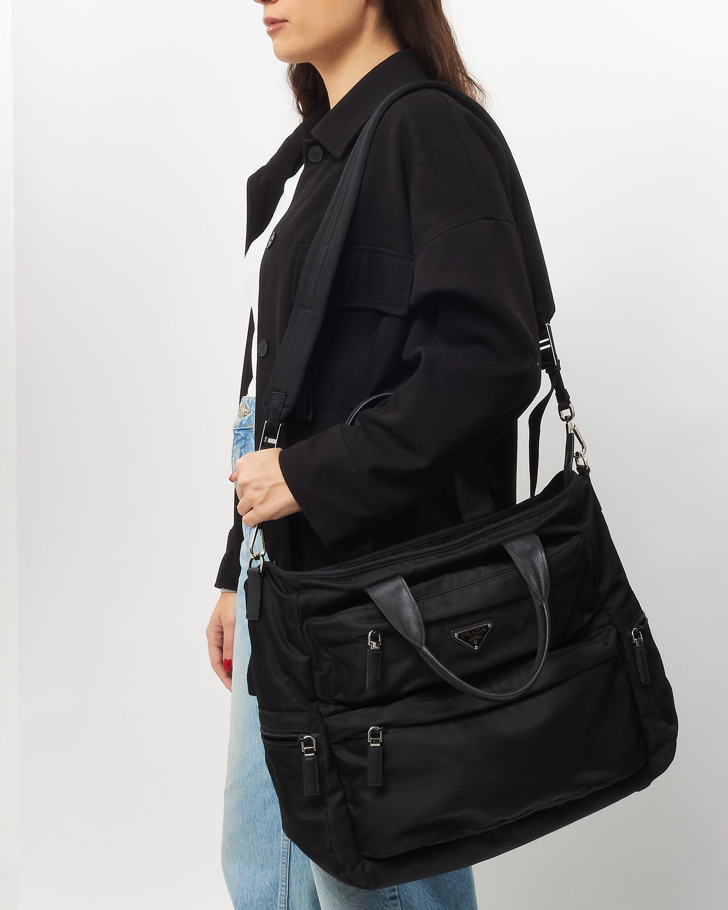 Prada Black Nylon Double Front Pocket Top Handle 2Way Carry on Bag