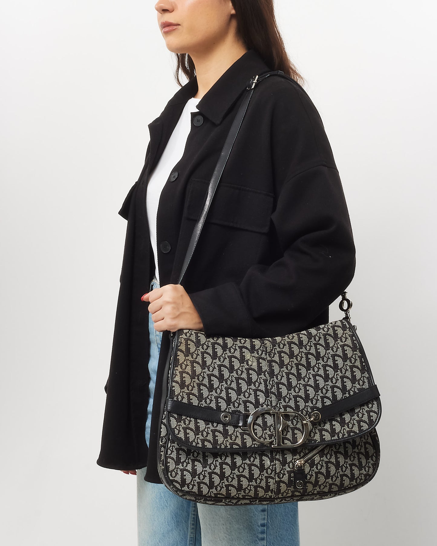 Dior Vintage Navy Blue Oblique Monogram Canvas CD Flap Large Messenger Bag