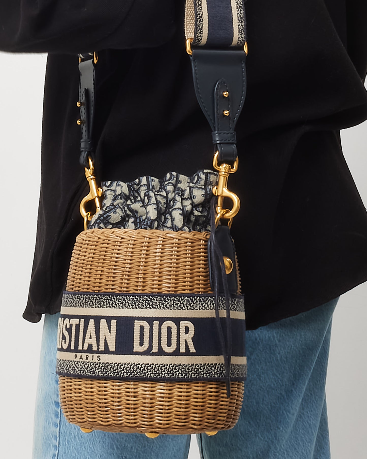 Dior Navy Oblique Logo Canvas Drawstring Wicker Bucket Bag