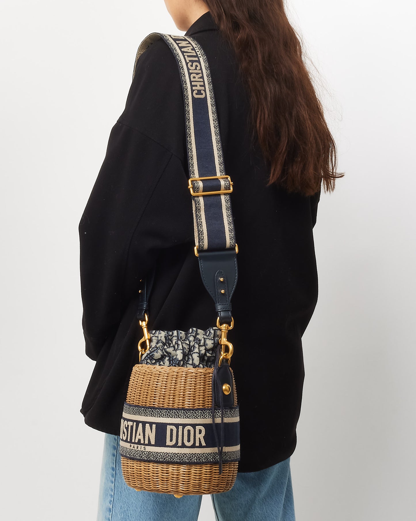 Dior Navy Oblique Logo Canvas Drawstring Wicker Bucket Bag