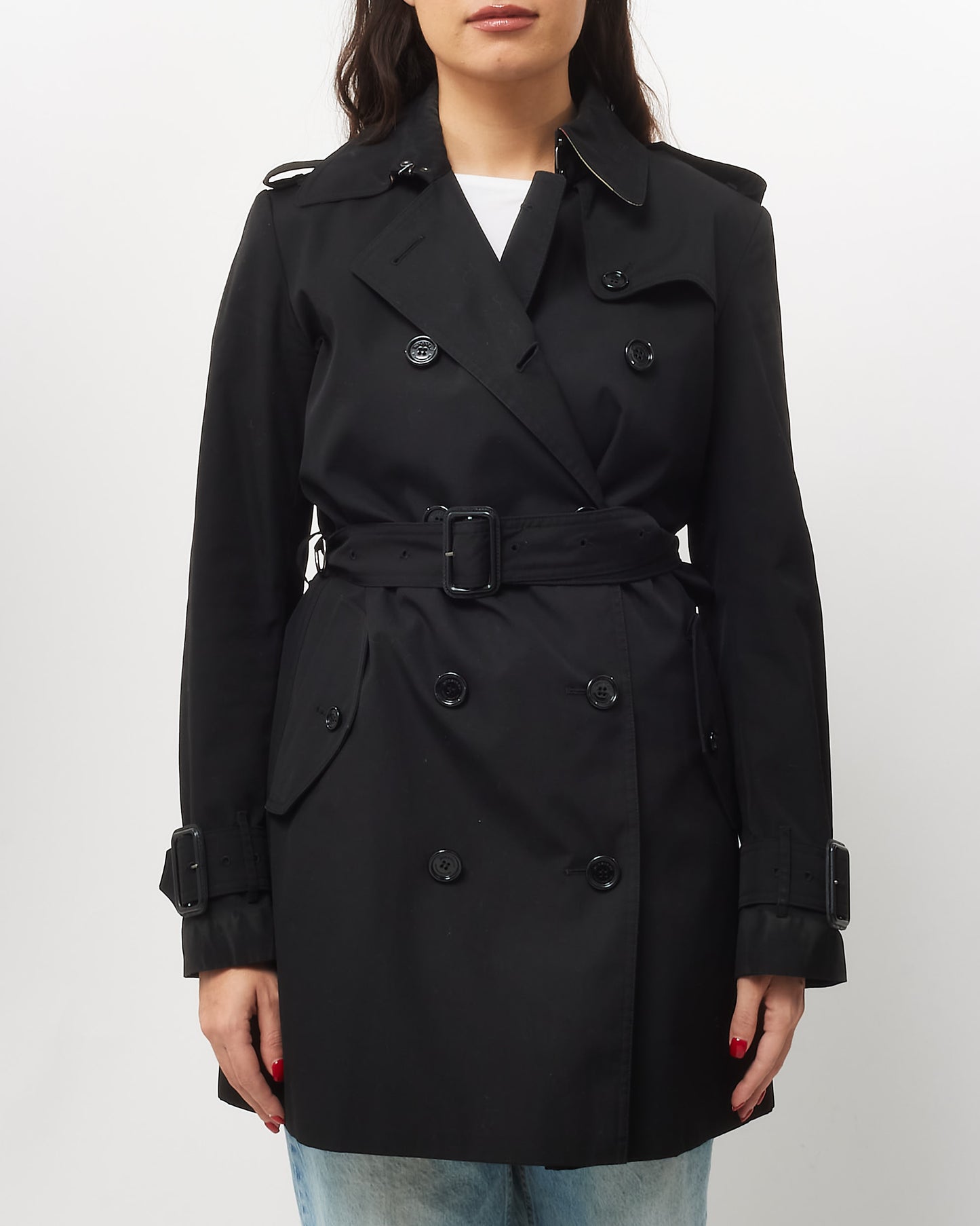 Burberry Black Nylon Check Mid Length Belted Trench Coat - US 6