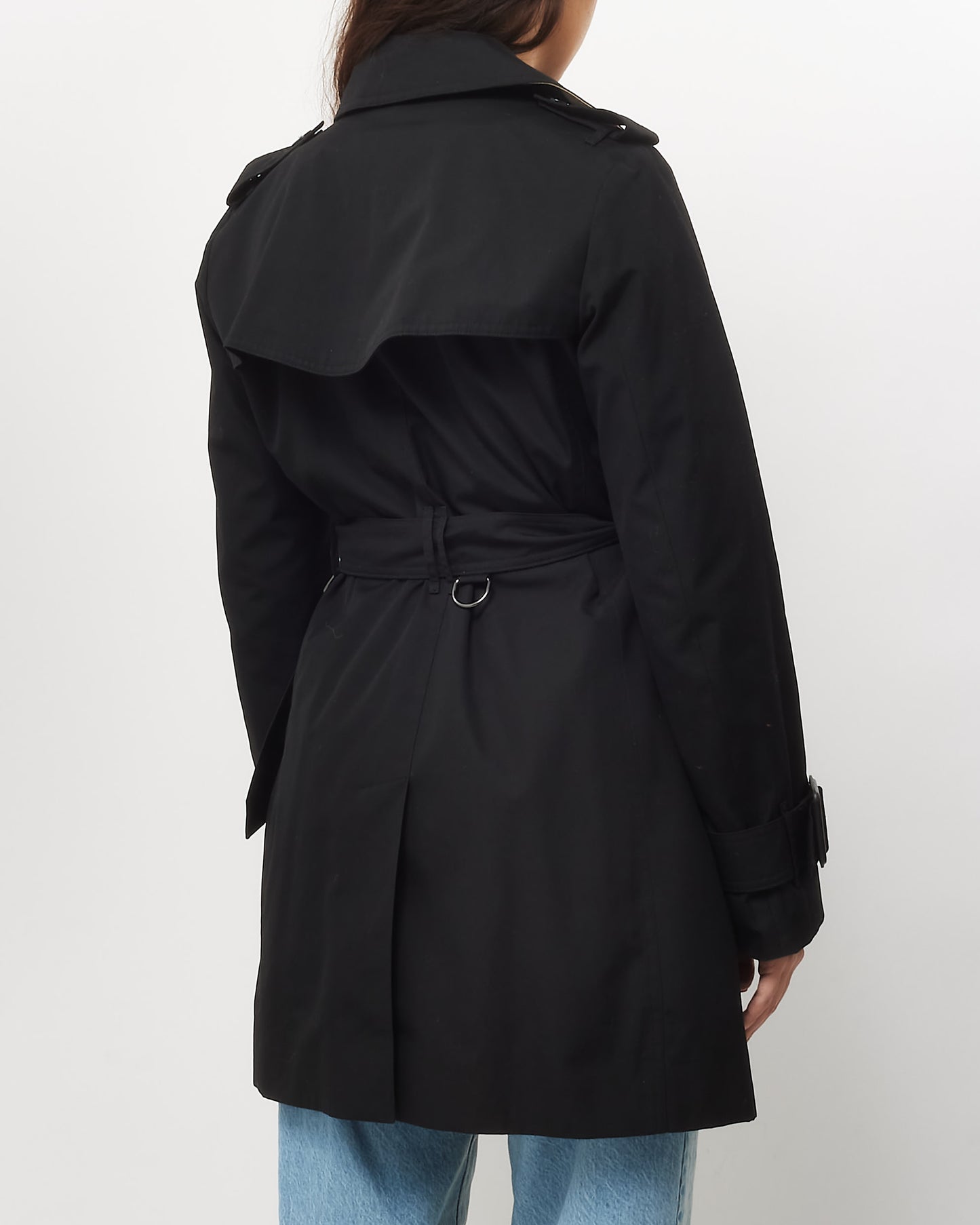 Burberry Black Nylon Check Mid Length Belted Trench Coat - US 6