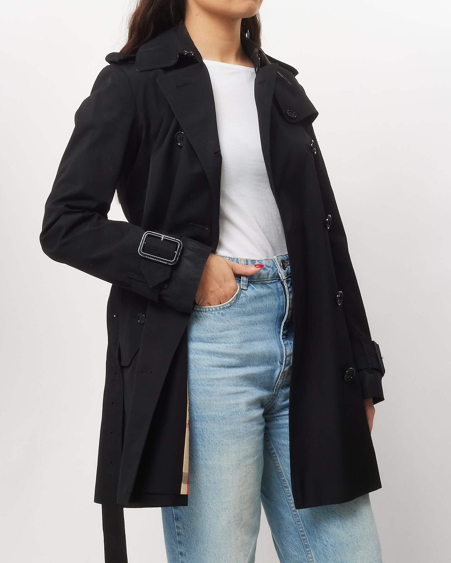 Burberry Black Nylon Check Mid Length Belted Trench Coat - US 6