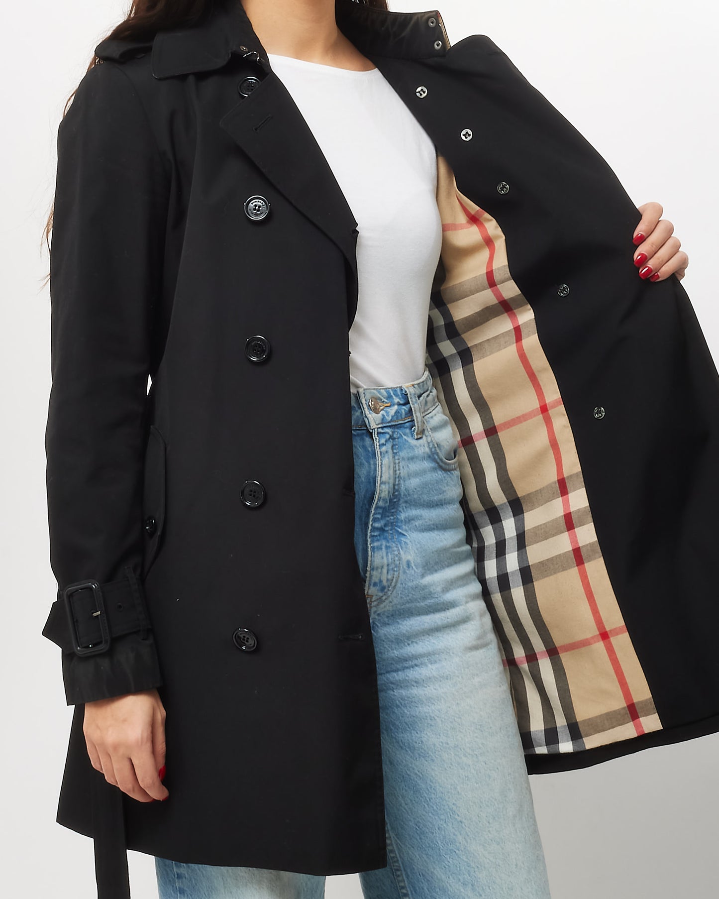 Burberry Black Nylon Check Mid Length Belted Trench Coat - US 6