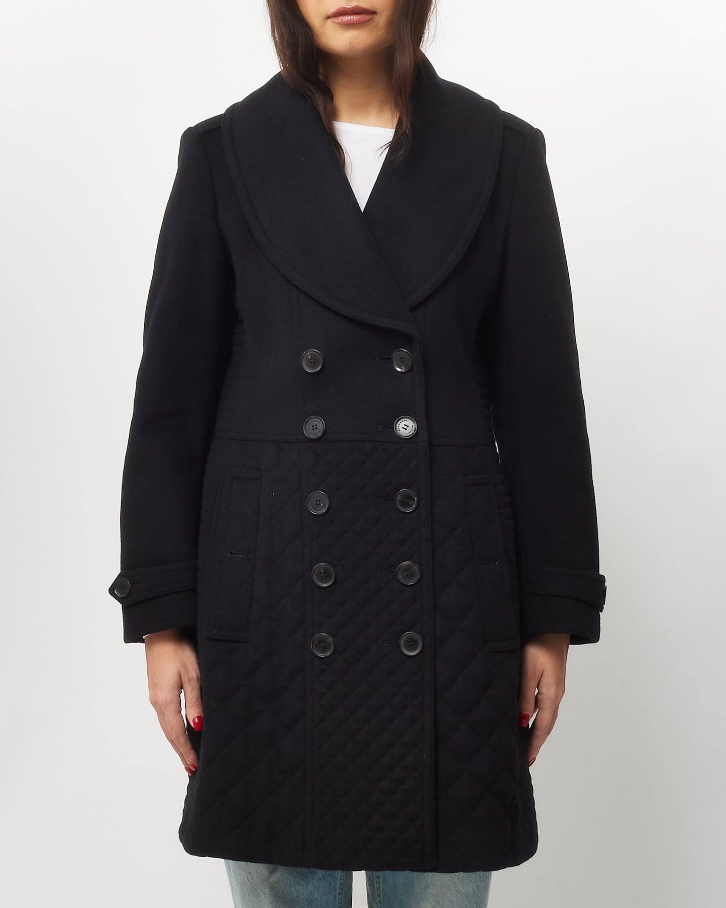 Burberry Black Quilted Wool Double Breasted Coat - US 10