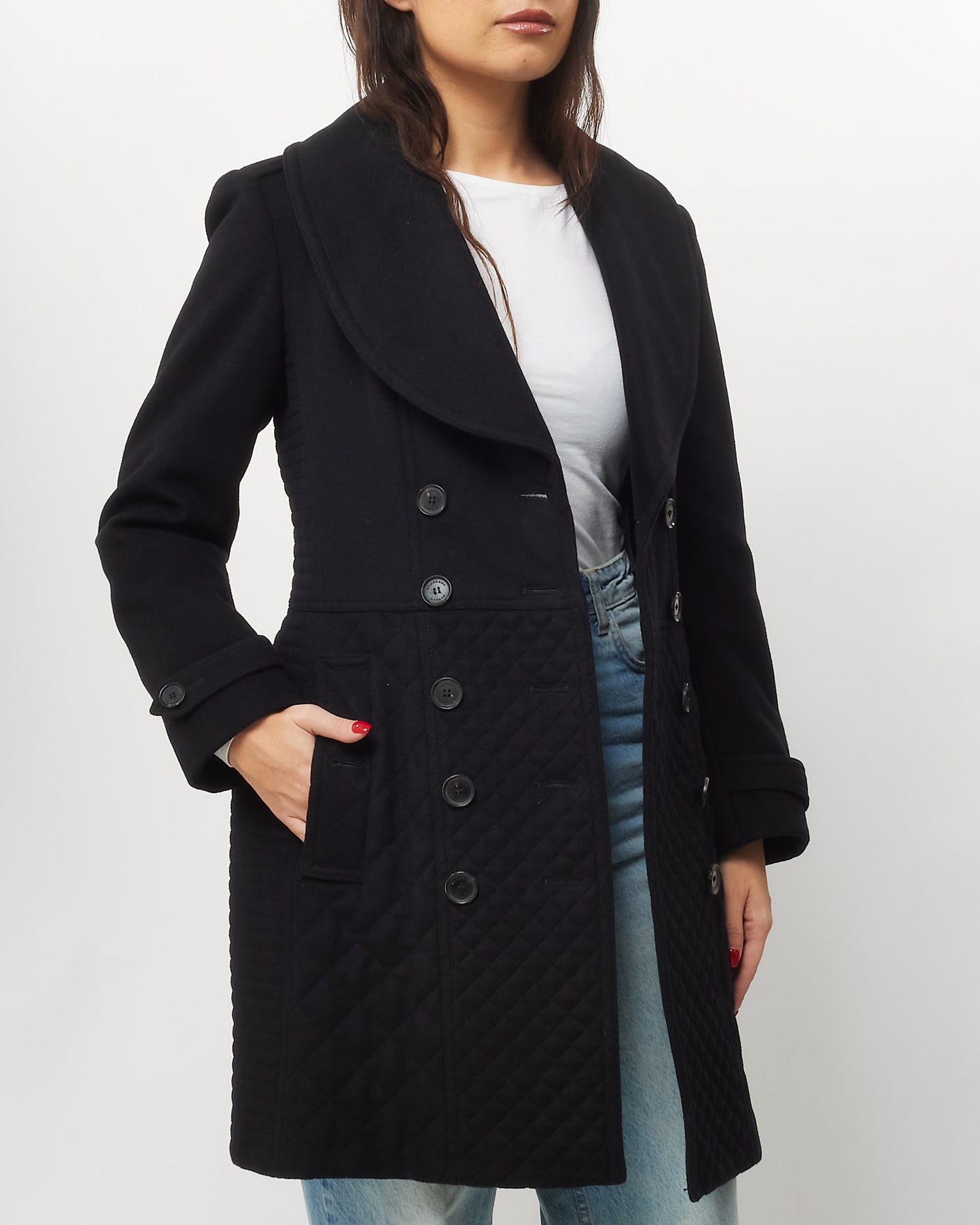 Burberry Black Quilted Wool Double Breasted Coat - US 10