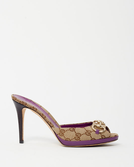 Gucci Purple Trim and Beige and Brown GG Monogram Canvas Horsebit Slide Sandals - 37.5