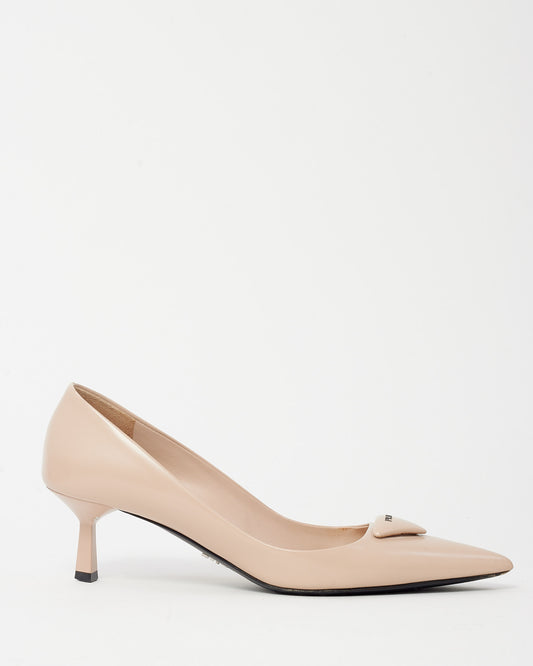 Prada Beige Brushed Leather Triangle Logo Pointed Toe Pumps - 37.5