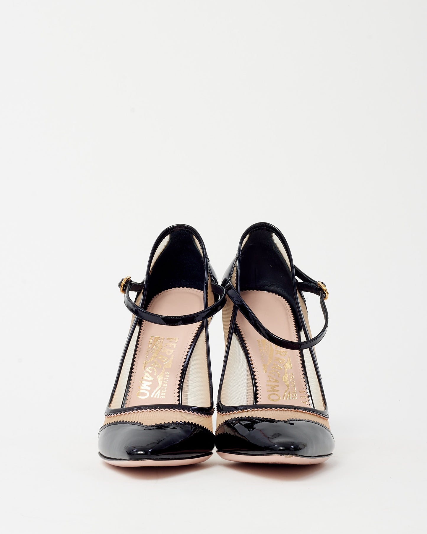 Salvatore Ferragamo Black Patent and Beige Mesh Erika Zig Zag Net Mary Jane Pump - 7.5