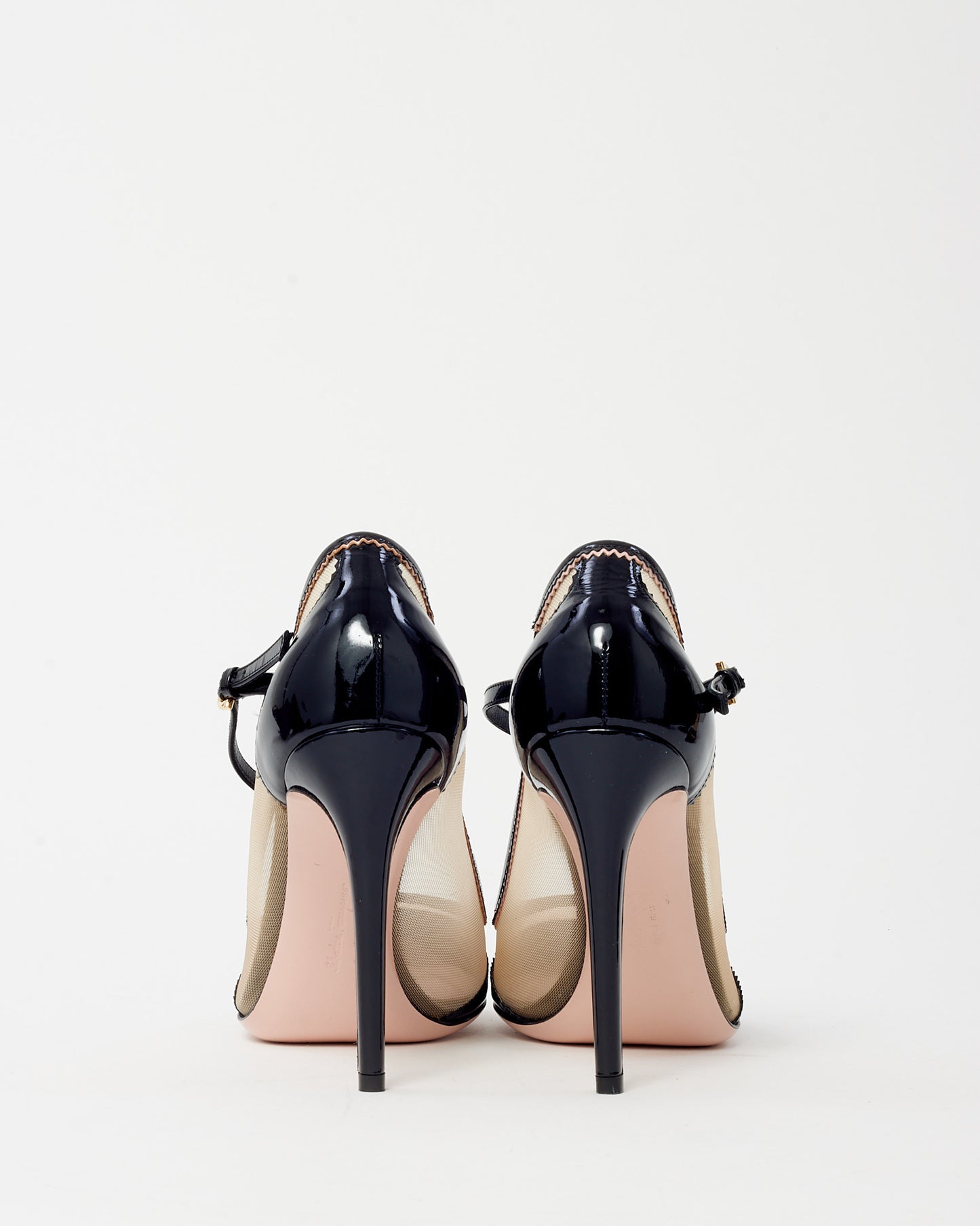 Salvatore Ferragamo Black Patent and Beige Mesh Erika Zig Zag Net Mary Jane Pump - 7.5