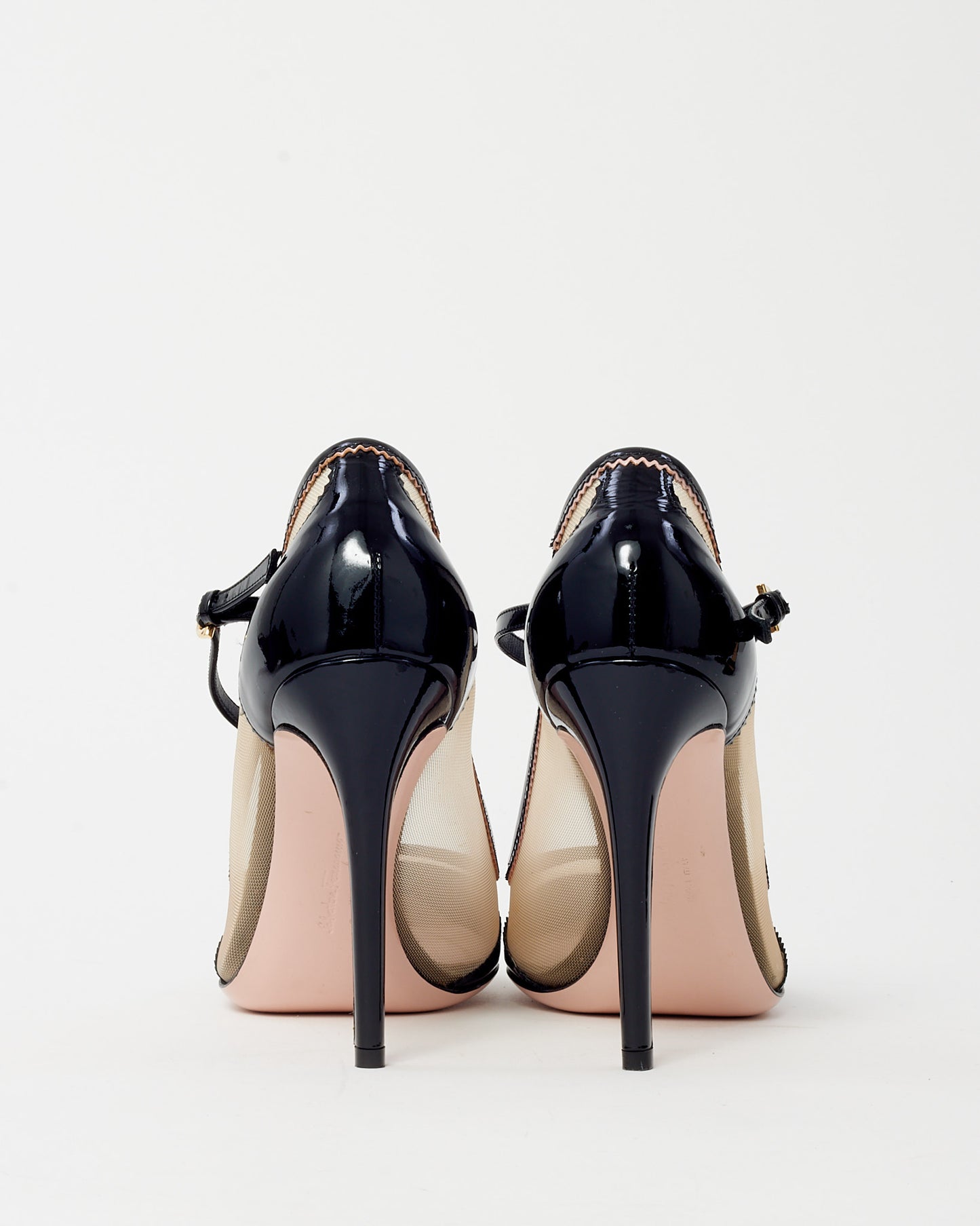 Salvatore Ferragamo Black Patent and Beige Mesh Erika Zig Zag Net Mary Jane Pump - 7.5
