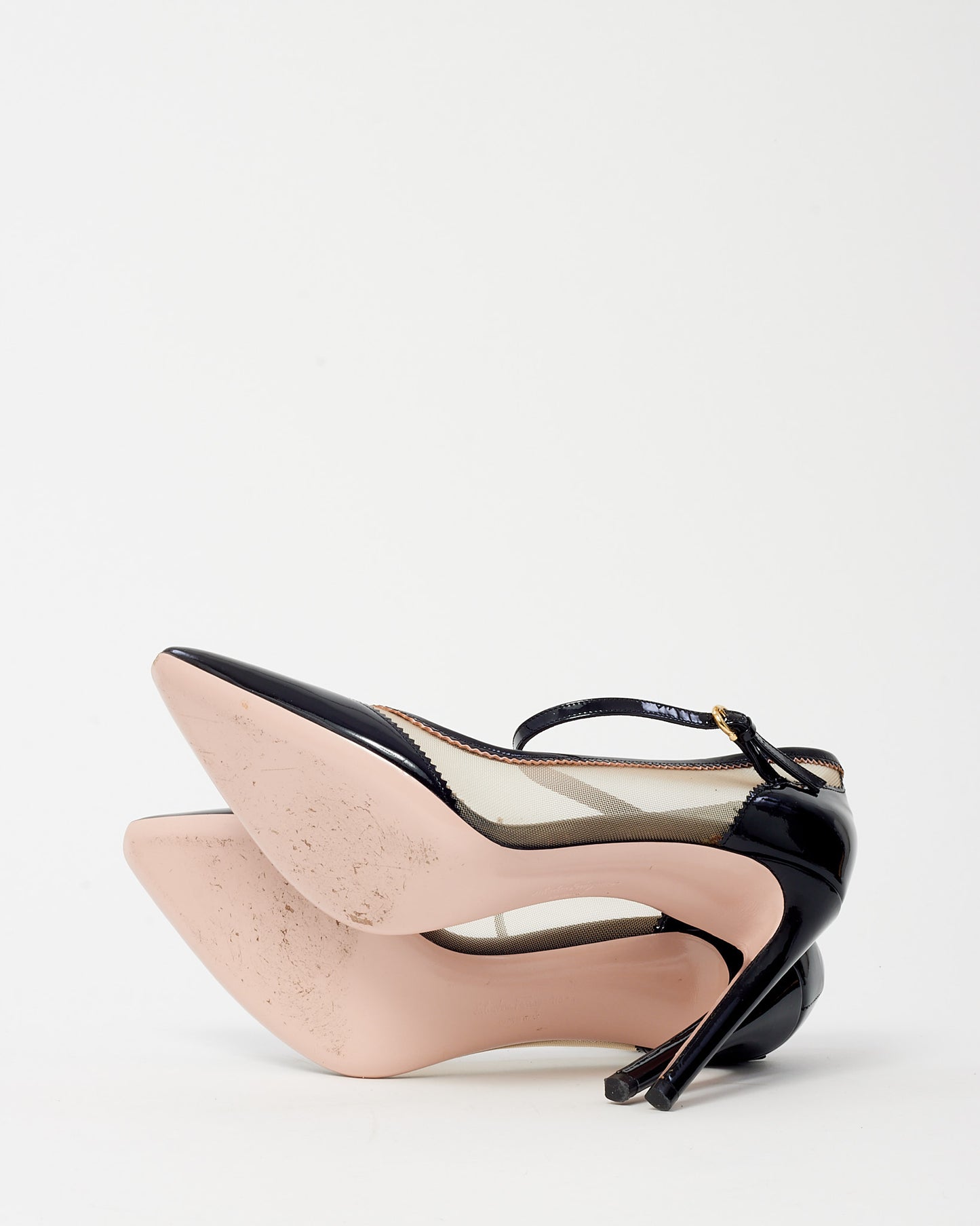 Salvatore Ferragamo Black Patent and Beige Mesh Erika Zig Zag Net Mary Jane Pump - 7.5