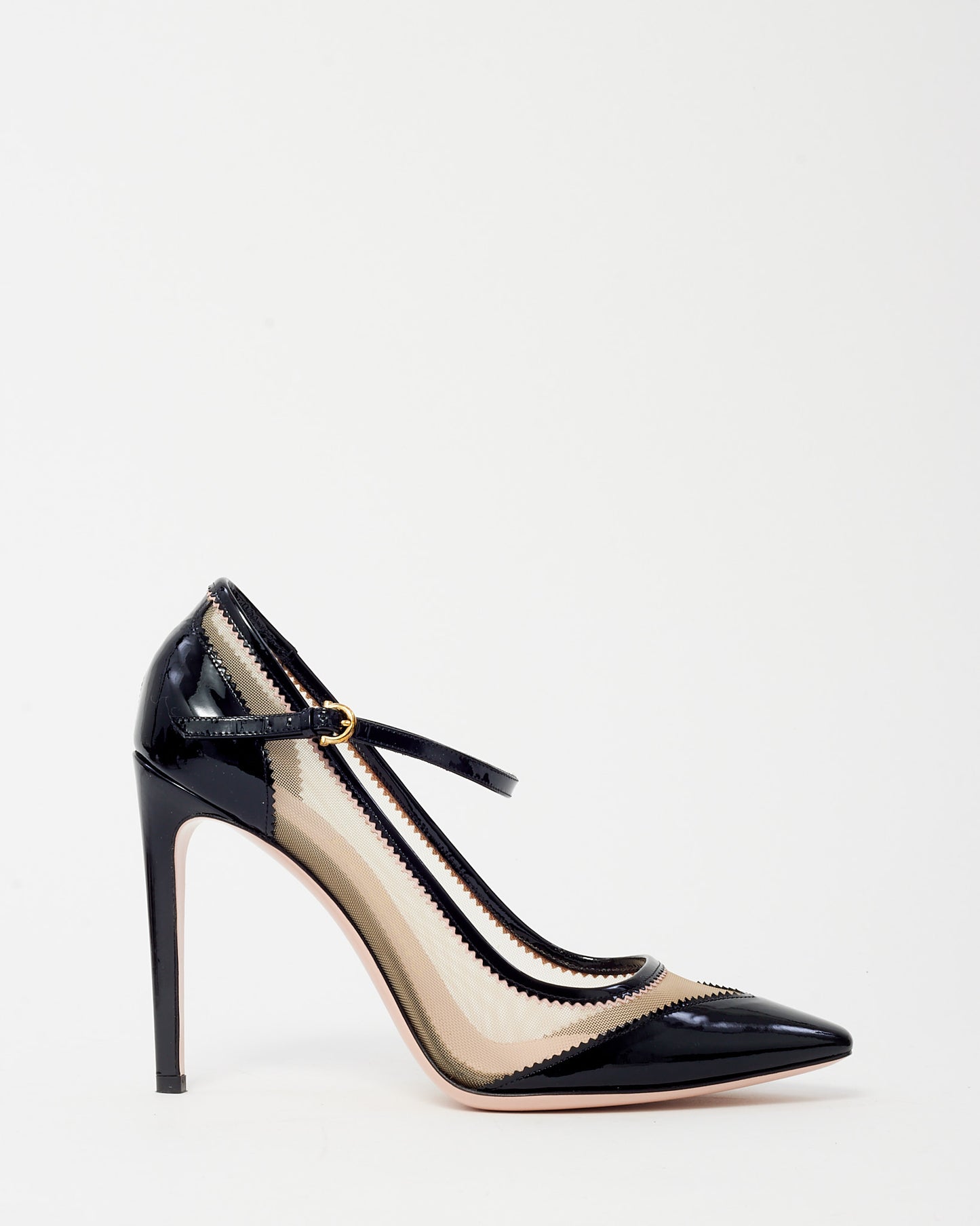 Salvatore Ferragamo Black Patent and Beige Mesh Erika Zig Zag Net Mary Jane Pump - 7.5