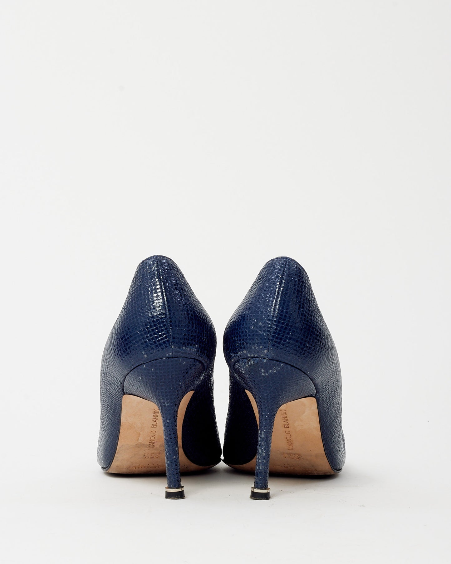 Manolo Blahnik Shiny Blue Coated Leather Jewel Buckle Hangisi 70 Pumps - 35.5