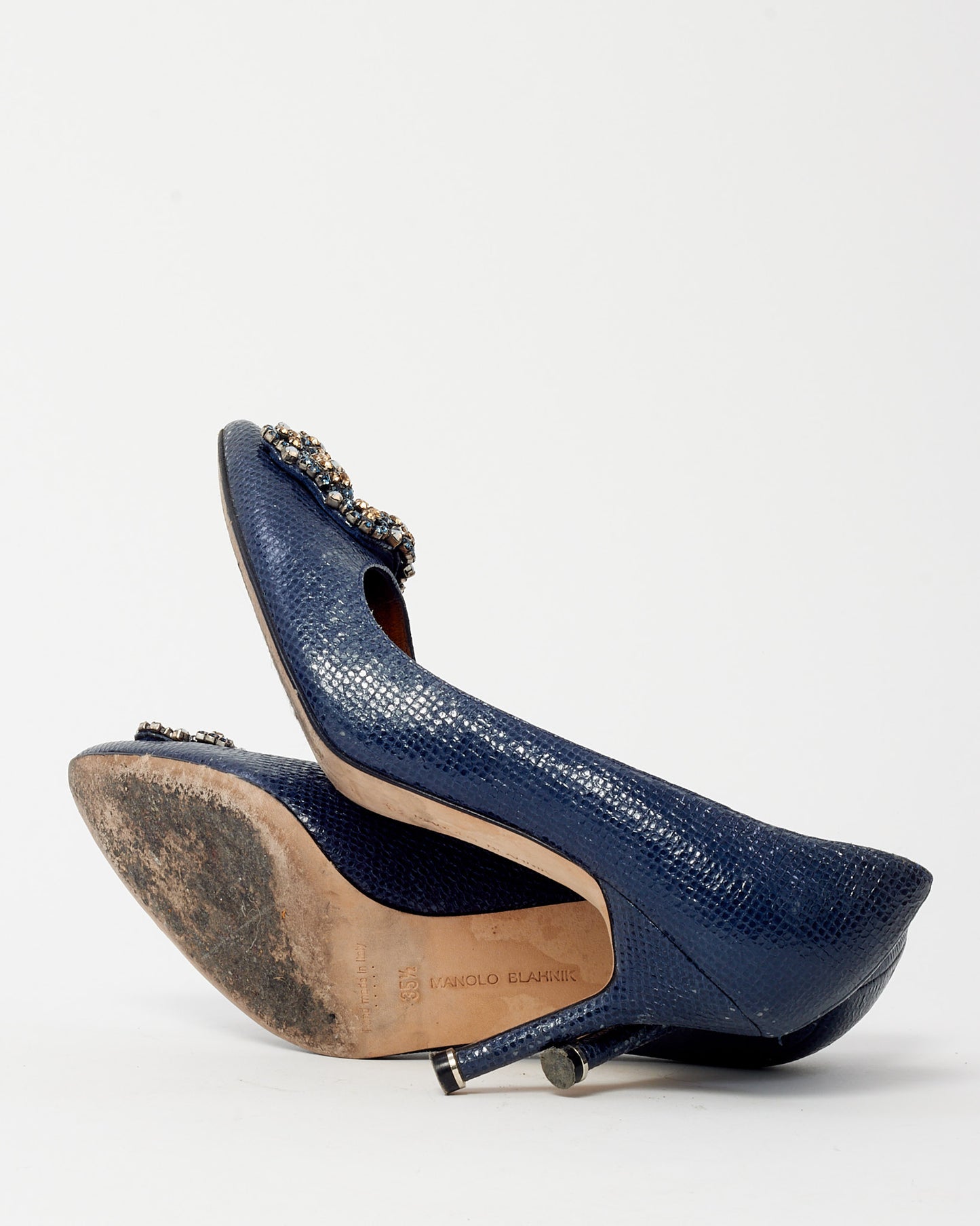 Manolo Blahnik Shiny Blue Coated Leather Jewel Buckle Hangisi 70 Pumps - 35.5