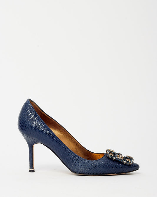 Manolo Blahnik Shiny Blue Coated Leather Jewel Buckle Hangisi 70 Pumps - 35.5