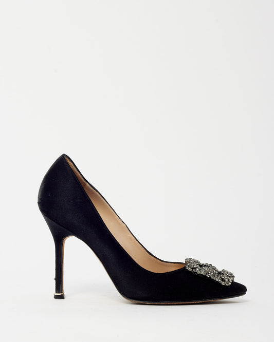 Manolo Blahnik Black Satin Jewel Buckle Hangisi Pumps - 35.5
